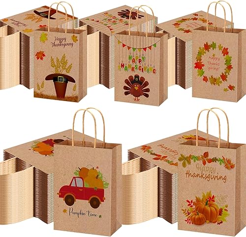 Yeaqee 100 bolsas de regalo de Acción de Gracias, bolsas de regalo de papel kraft de Acción de Gracias con asas, bolsas de regalo de calabaza, pavo,