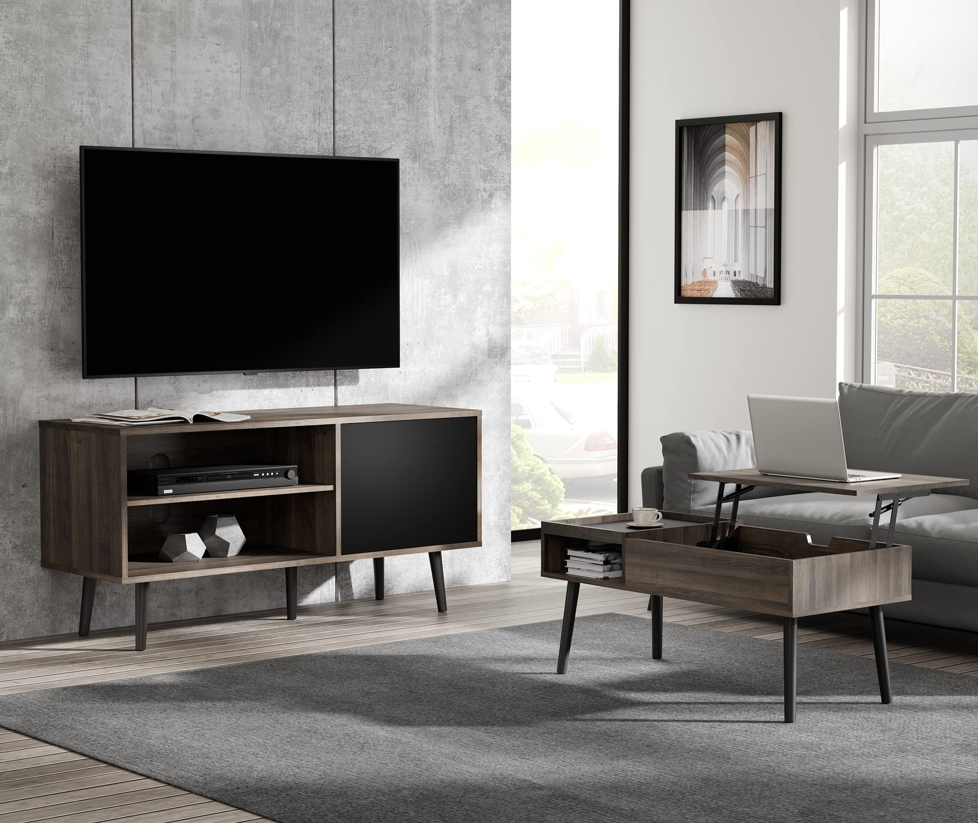 WAMPAT 2 Piece Living Room Set for Living Room, 1 Wood Lift Top Coffee Table with Storage Shelf and 1 Mid-Century TV Stand for TVs up to 55 inch with Storage Cabinet, Espresso & Black