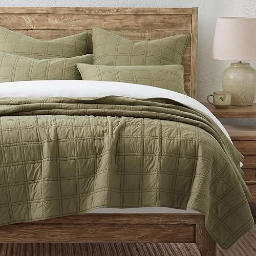 HORIMOTE HOME 100% Cotton Quilt King Size Olive Green Bedspread, Pre-Washed 3-Piece Cozy Lightweight Stitching Bedding Cover Coverlet Set with 2 Shams in Geometric Pattern for All Season