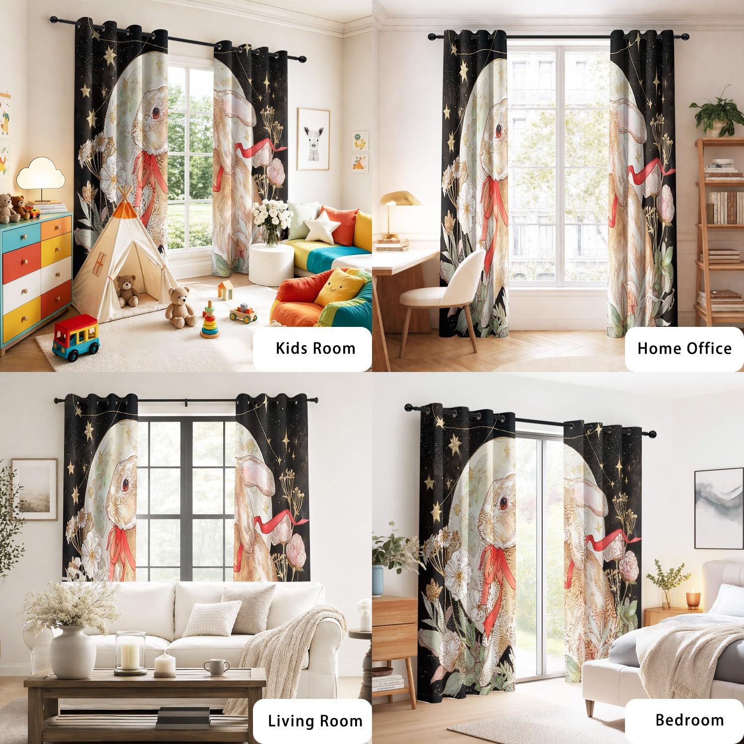 Genérico cuento de hadas onírico - Cortina opaca con flores, rodeada, diseño de conejo con estrellas, cortinas térmicas, ventana, decoración con ojales para salón, dormitorio, 140 x 240 cm, 2 paneles