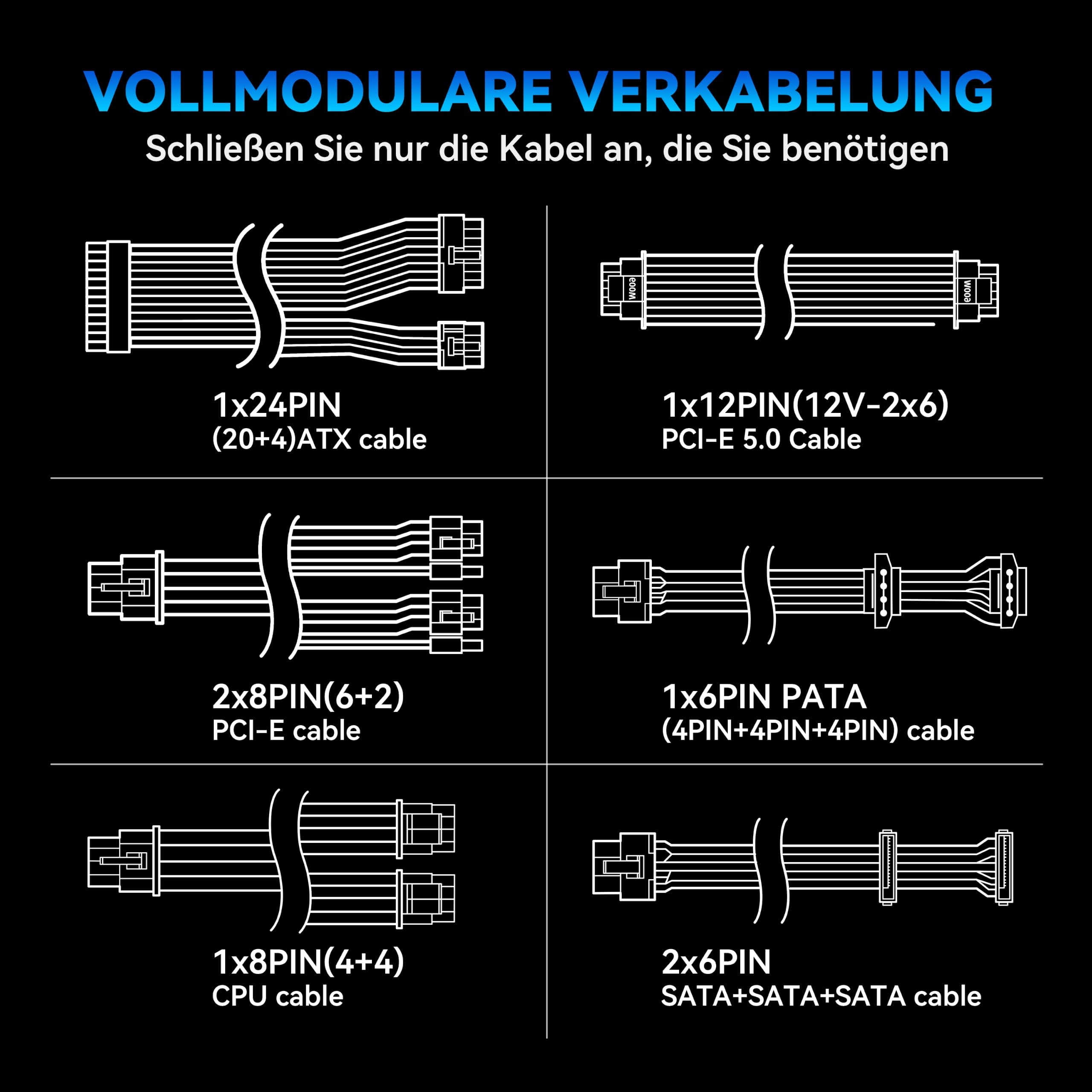 MUSETEX 1000 Watt Netzteil, vollständig modulares ATX-Netzteil mit 12V-2x6-Kabel, ATX 3.1 & PCIe 5.0 Gaming-Netzteil, 105°C-Hauptkondensatoren, leiser 140-mm-Lüfter, Netzteil PC, (Schwarz) (MU1000)