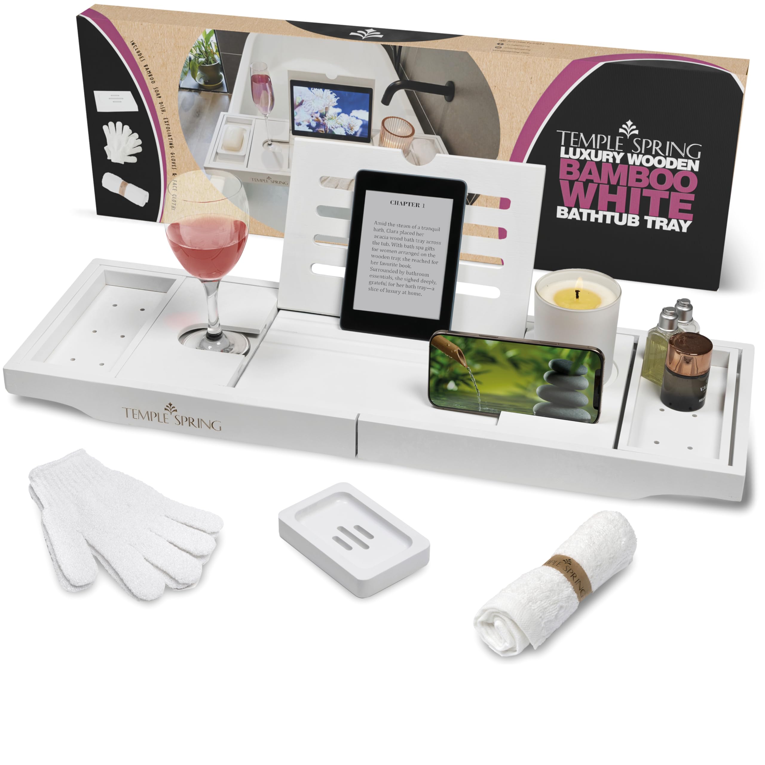 Temple Spring Wooden Bathtub Tray, Bamboo Bathroom Accessories, Bath Tray for Tub, at Home Spa Essentials, Board for Tub Table, Bath Caddy for Bathtub Accessories & Bathroom Essentials – White