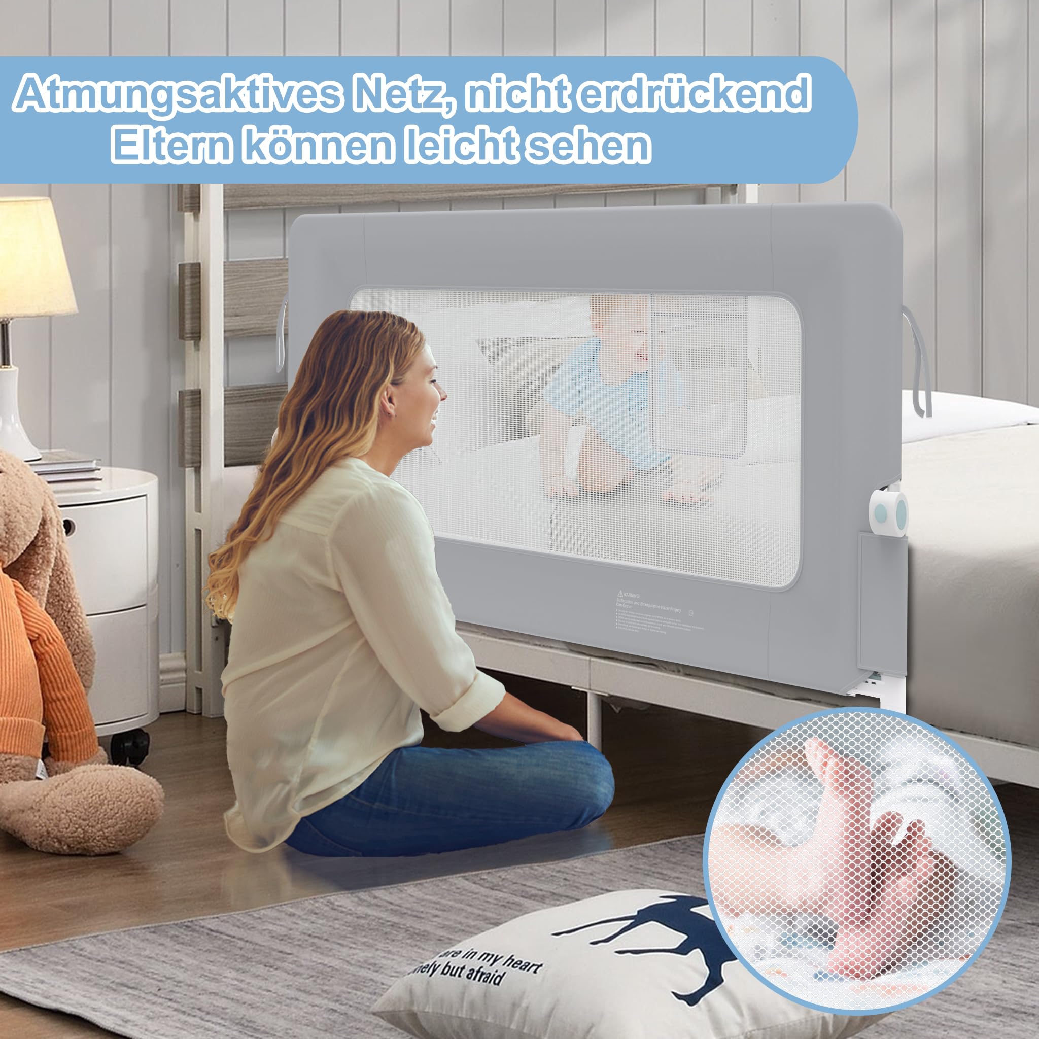 YRHome Griglia di protezione per letto da 150 cm, pieghevole, girevole a 180 gradi, per bambini, rete ariosa, regolabile in altezza, per lettino, letto dei genitori (grigio)