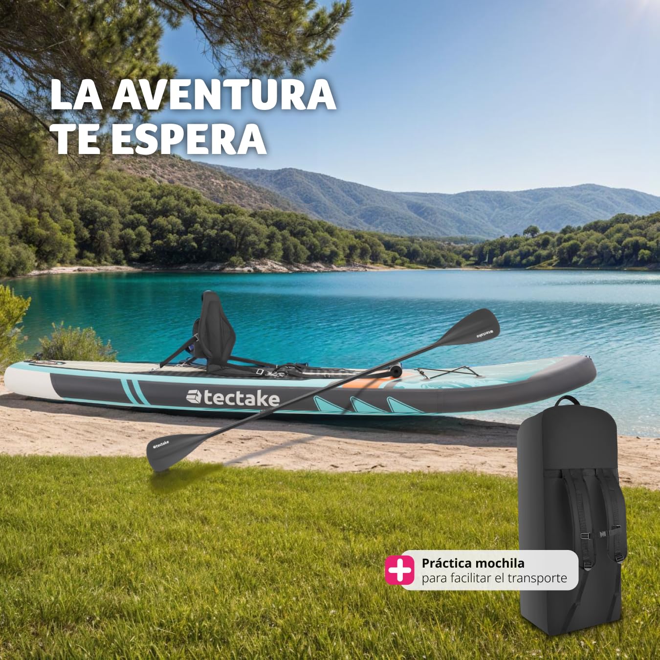 tectake® Tabla de Paddle Surf Hinchable, Incluye Remo 2 en 1, Asiento Incorporado de Kayak, Sup Hinchable, Bomba de Aire, Mochila Remo Doble y 3 Aletas, Tabla Hinchable, Carga Máx: 200kg