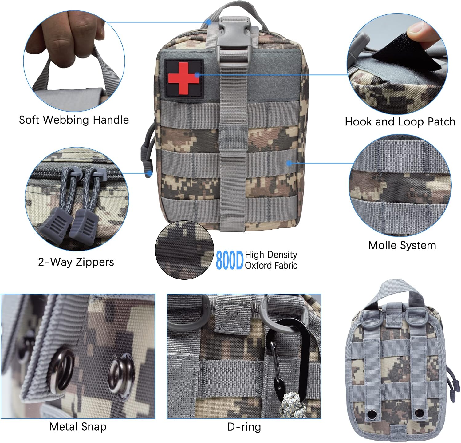 QIYUANT Molle First Aid Bag Tactical IFAK Rip-Away Utility EDC Pouch with Outdoor Hook Hiking Waist Belt Pack Survival Military EMT Emergency Medical Pouch Home Car Travel Camping Empty ACU Digital - Image 4