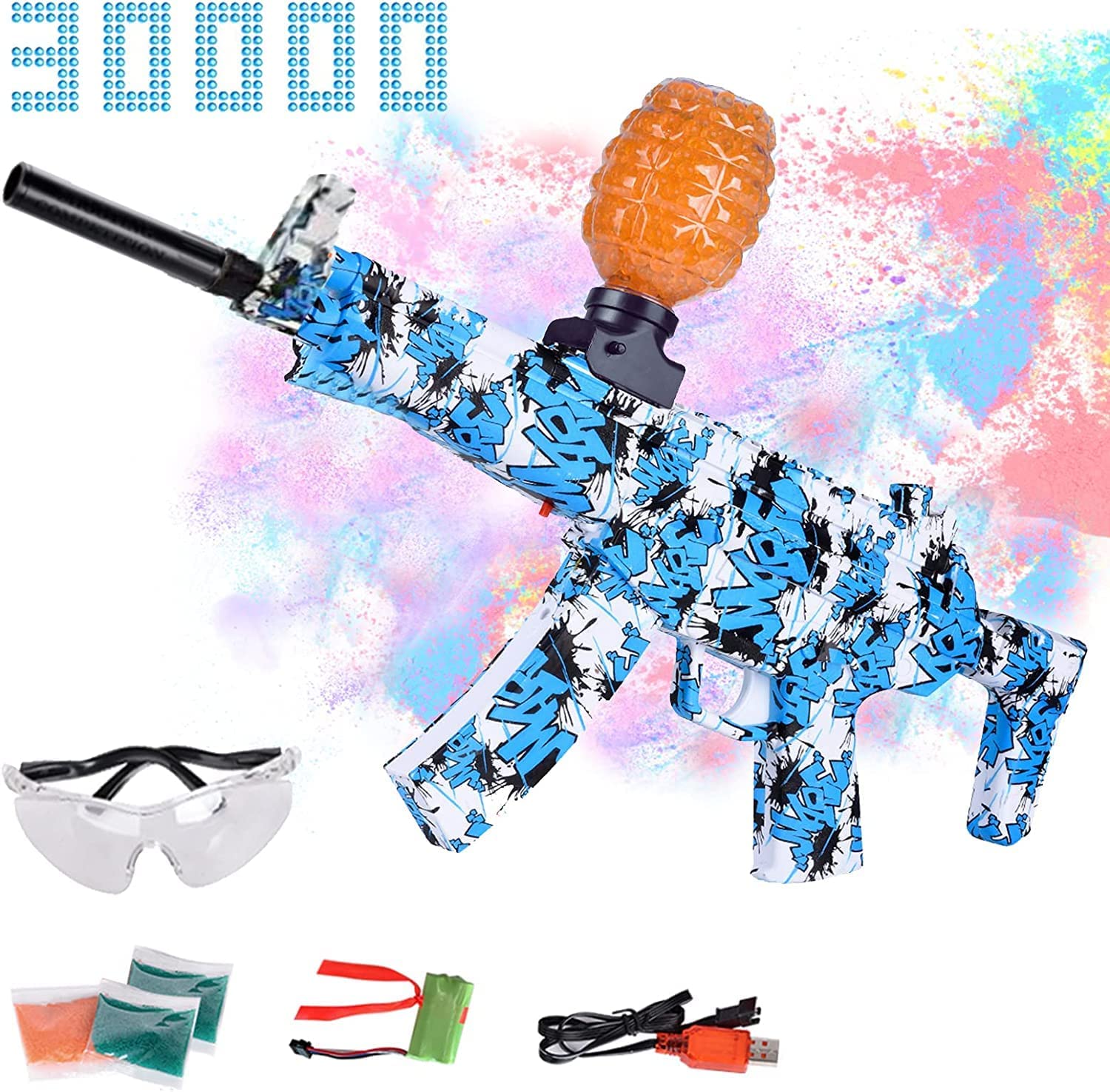 Beauenty MP5 Gel Ball Blaster, with 30000+ Beads and Batteries, Automatic Splatter Ball Gun Shoots Up Toy Guns , Backyard Fun and Outdoor Games for Activities by Children Ages 12+ and Adult (Blue-2)