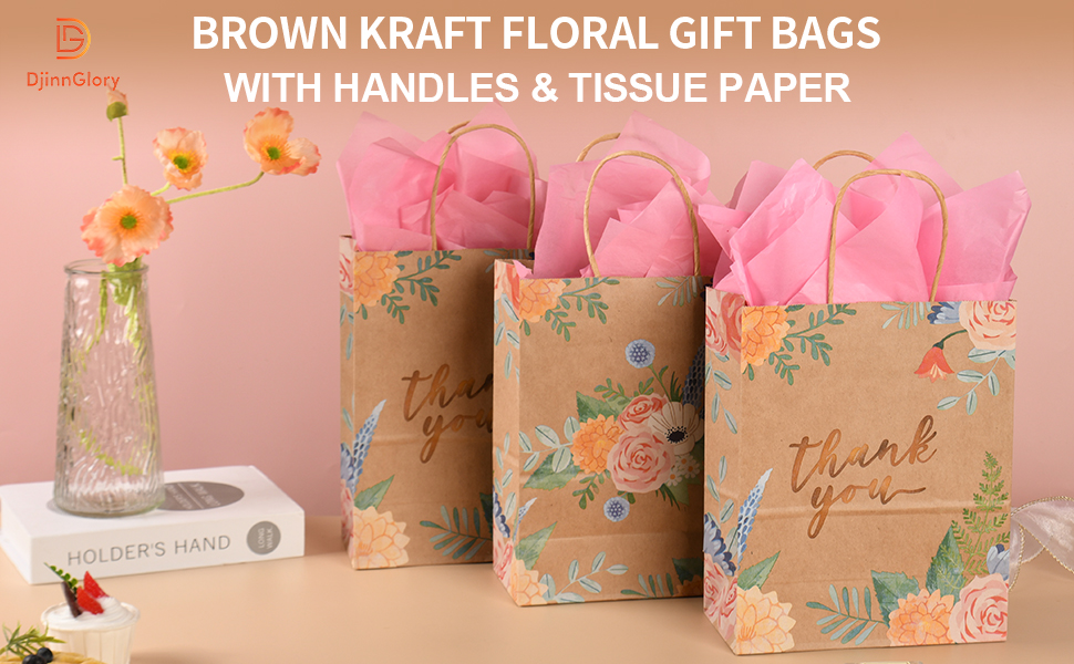 QIELSER 30 Pack Thank You Gift Bags With Tissue Paper - Eucalyptus Leaf Design, 8.3x6x3.2 Inch, Kraft Paper For All Occasions