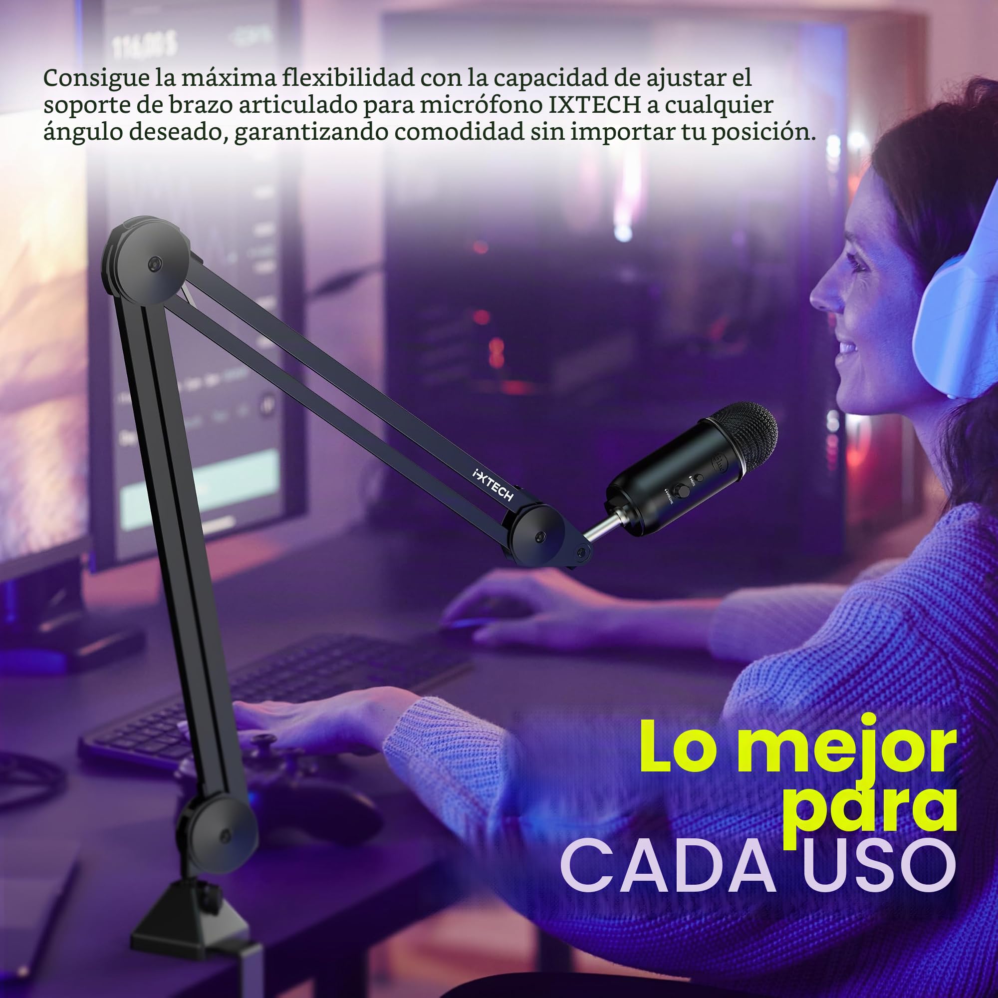 IXTECH Soporte de Brazo para Micrófono, Ajustable y Resistente con Bridas para Cables, Montaje en Escritorio para Juegos, Transmisión, Podcasting (Grande)