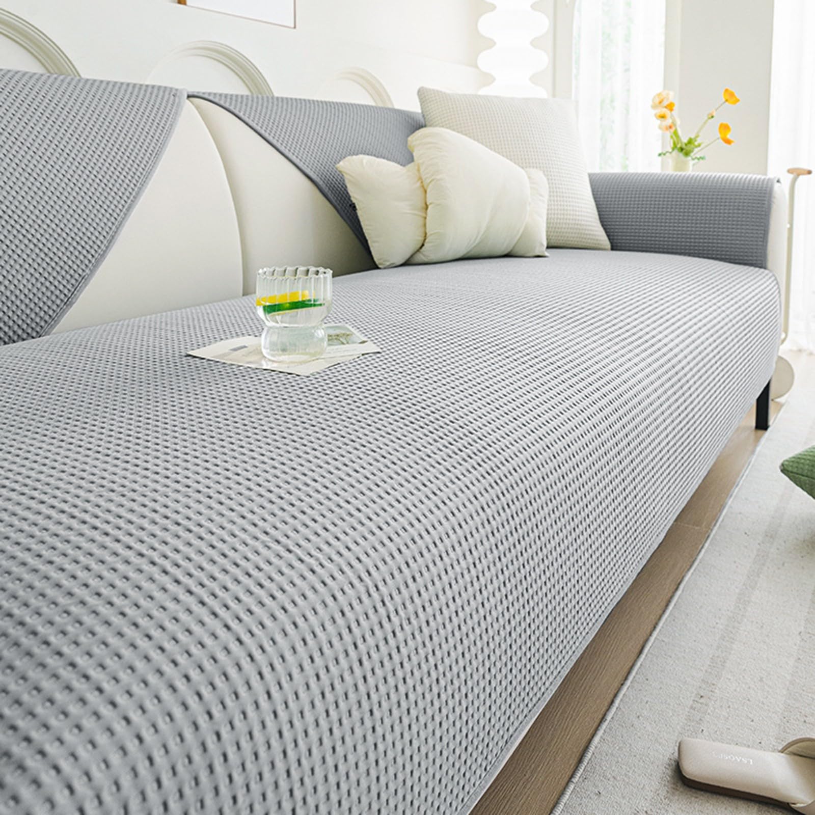 Summer Ice Silk Cooling Sofa Cover | Non Slip Breathable Cool Touch One Piece Slipcover for 4 3 2 1 Seater Corner L Shape | Pet Friendly Washable Seat Protector(Grey,110x210cm)