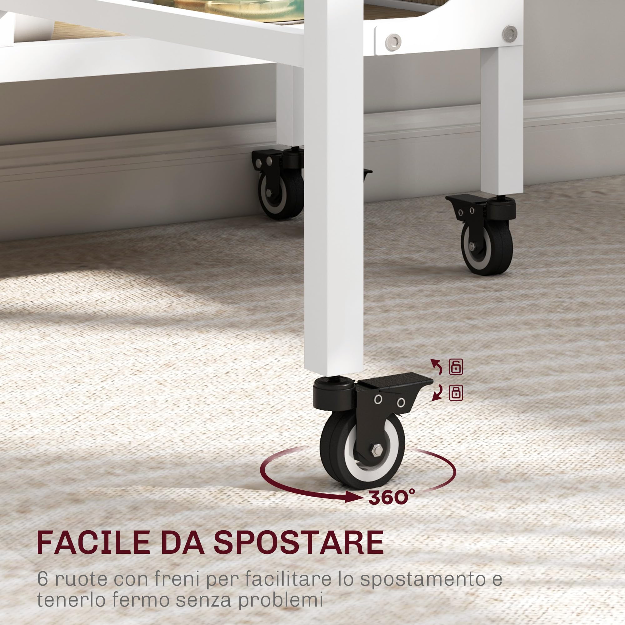 HOMCOM Tavolo da Pranzo Pieghevole, Tavolo a Ribalta per 4-6 Persone, Tavolo da Cucina Salvaspazio Moderno con Ripiano e 6 Ruote, in Metallo, 130x80x74 cm, Color Legno
