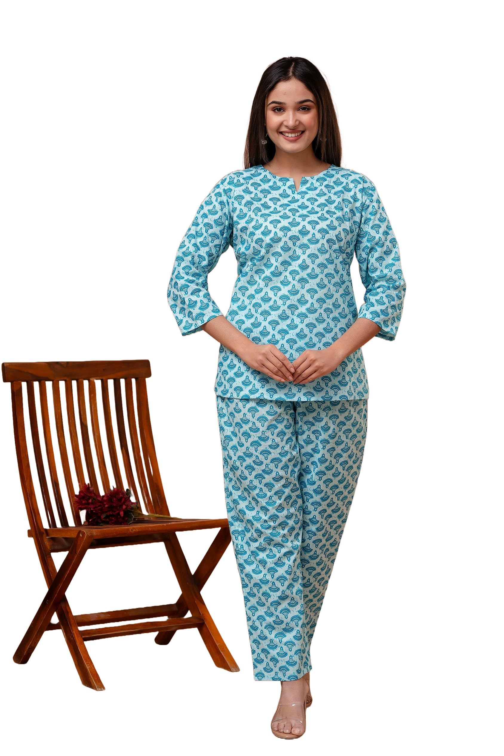 Vashti Women's Cotton Printed Co Ord Set with Kurta & Pyjama, Turquoise Blue