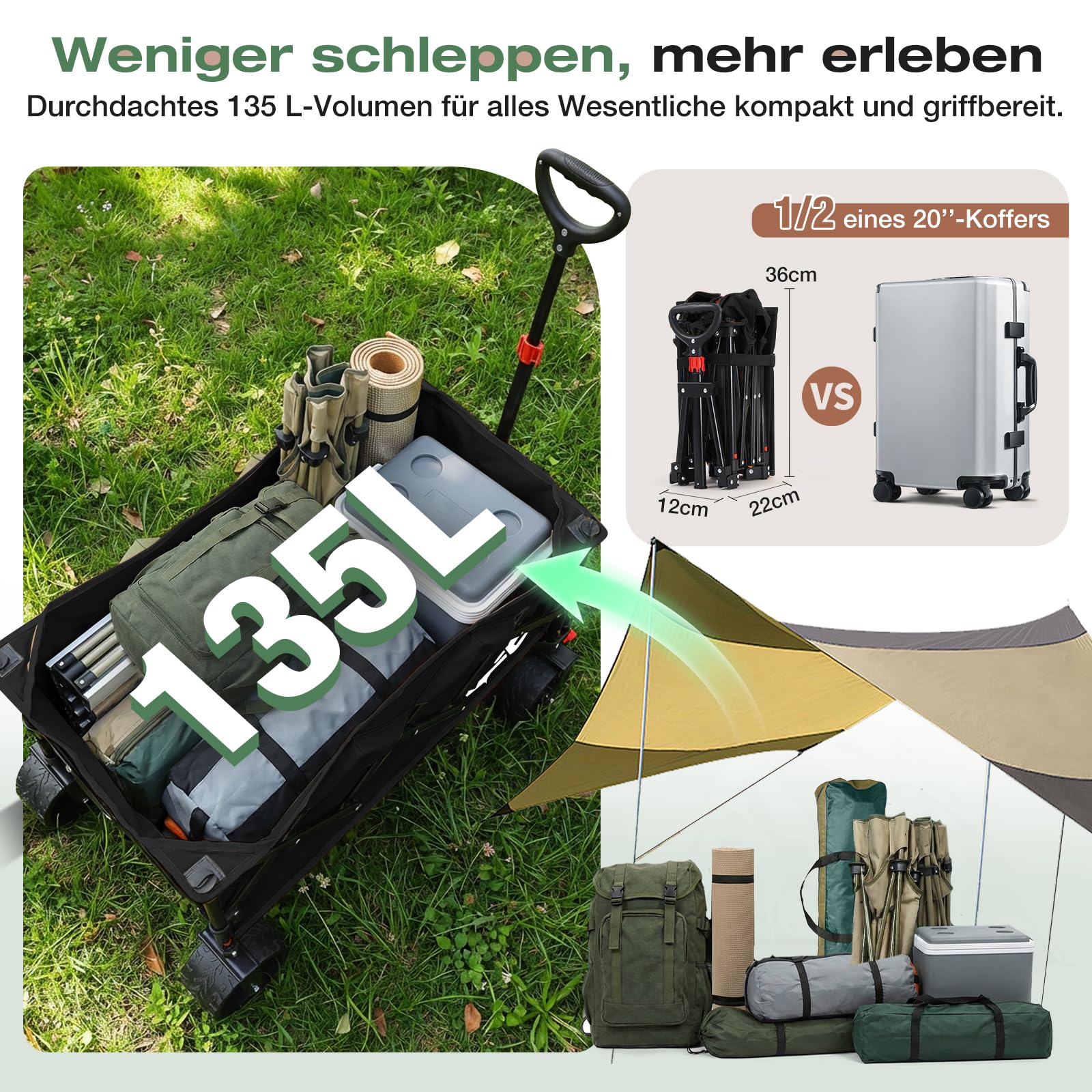 Sekey XXL Bollerwagen Faltbar 135L 150KG Belastbar, Leichter Faltbollerwagen mit Breite 17x8,5cm Räder Handwagen mit Bremse, Patentiert 4-Wege-Sofortaufbau Transportwagen, 4031 All Terrain, Schwarz