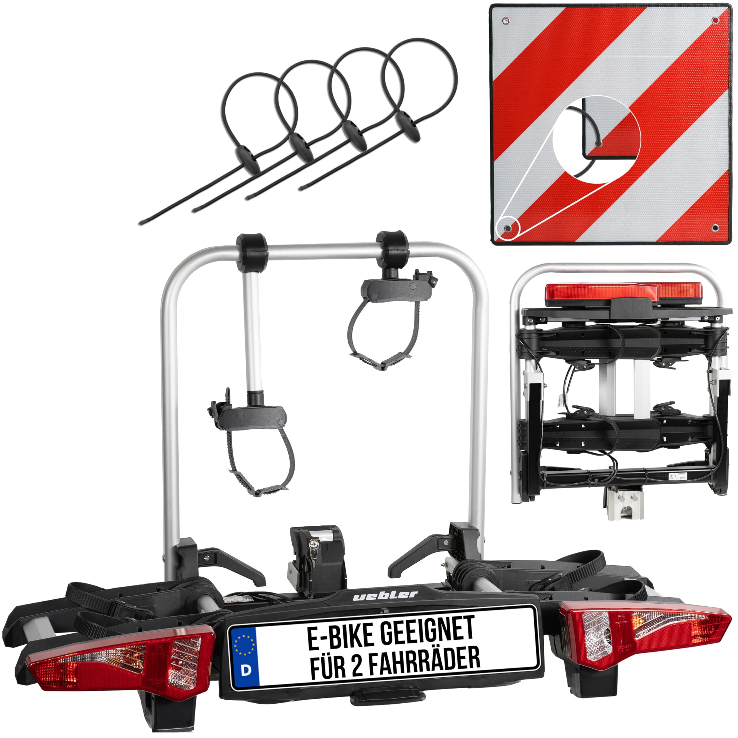 Uebler Fahrradträger i21 Z 90° - Kupplungsträger für 2 E-Bikes & MTB | Klappbarer Heckträger mit IQ-Verschluss, inklusive 50x50 cm Warntafel, 4 Spanngummis und 60 kg Zuladung für breite Reifen.