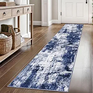 KOZYFLY Modern Abstract Rug Runner for Hallway 2x8 Navy Blue Kitchen Runner Rug Non Skid Washable Carpet Runner Laundry Room Mat Soft Fluffy Low Pile Rug for Hallway Entryway Bathroom