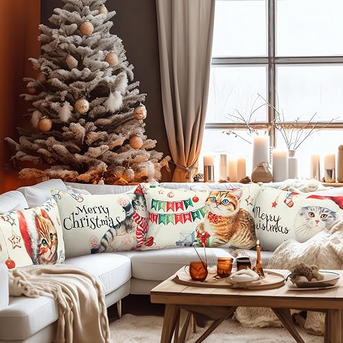 Miniatura 4 de 6 fundas de almohada de Feliz Navidad de 12 x 20 pulgadas, fundas decorativas de casa de campo de gato, fundas de almohada decorativas de invierno