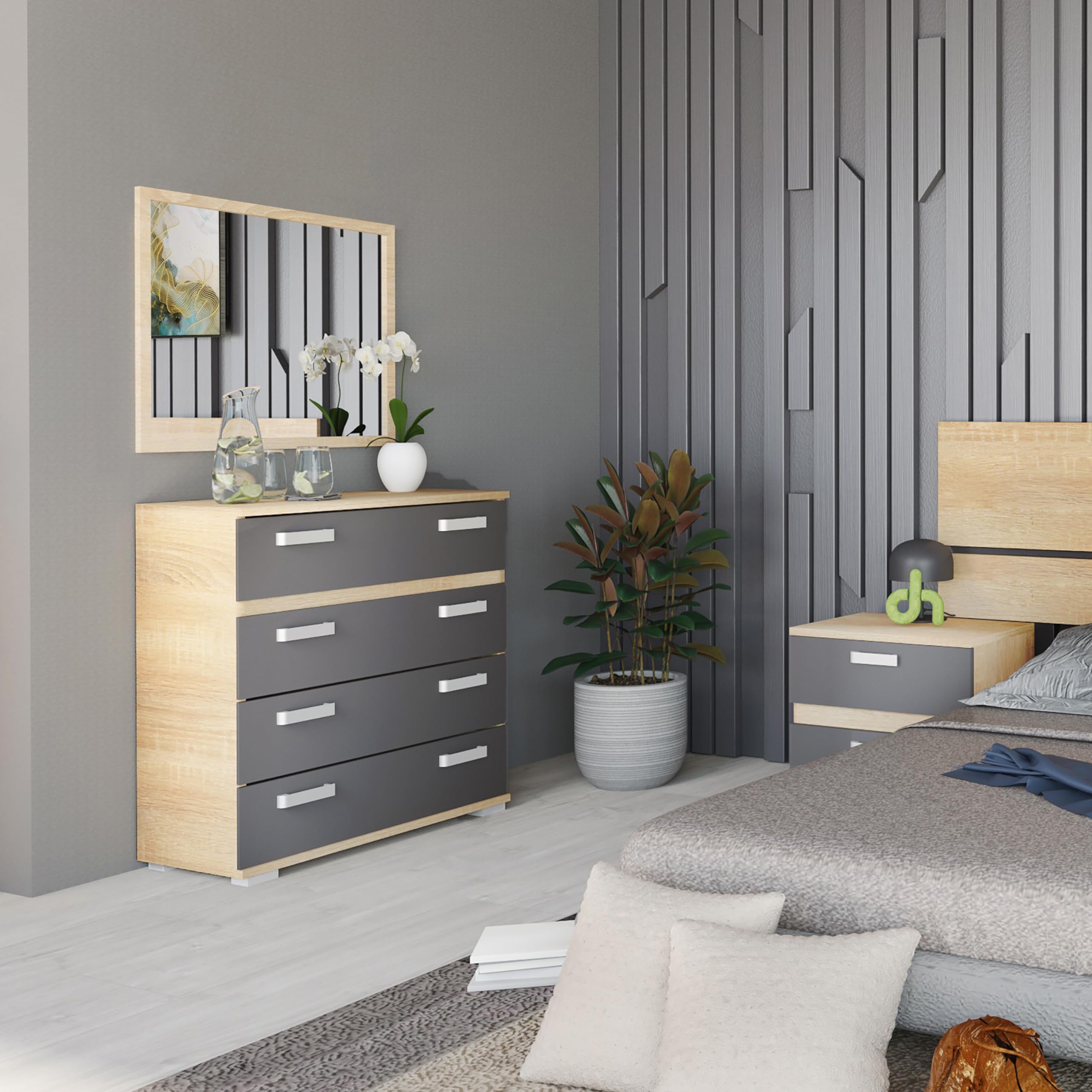 duehome Pack de Dormitorio con Cabecero + 2 mesitas de Noche + Comoda y Espejo, Conjunto de Dormitorio, Dormitorio Completo, Modelo Ataneq Pure 4c, Acabado en Cambria y Grafito, Grande