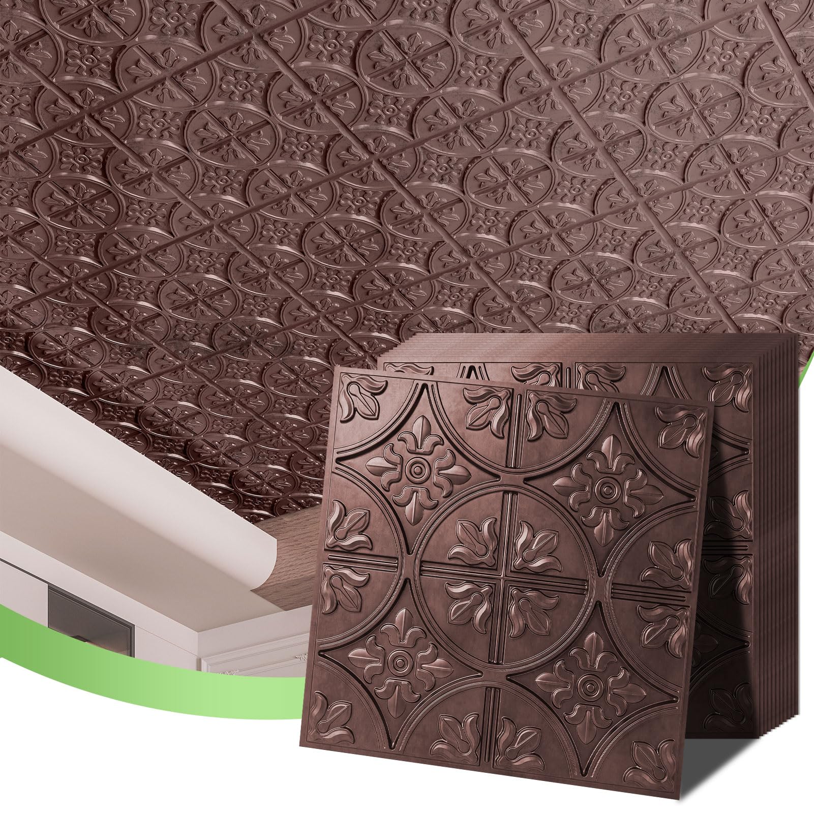 Art3d Drop Ceiling Tiles 2x2, Glue-up Ceiling Panel, Fancy Classic Style, Antique Copper