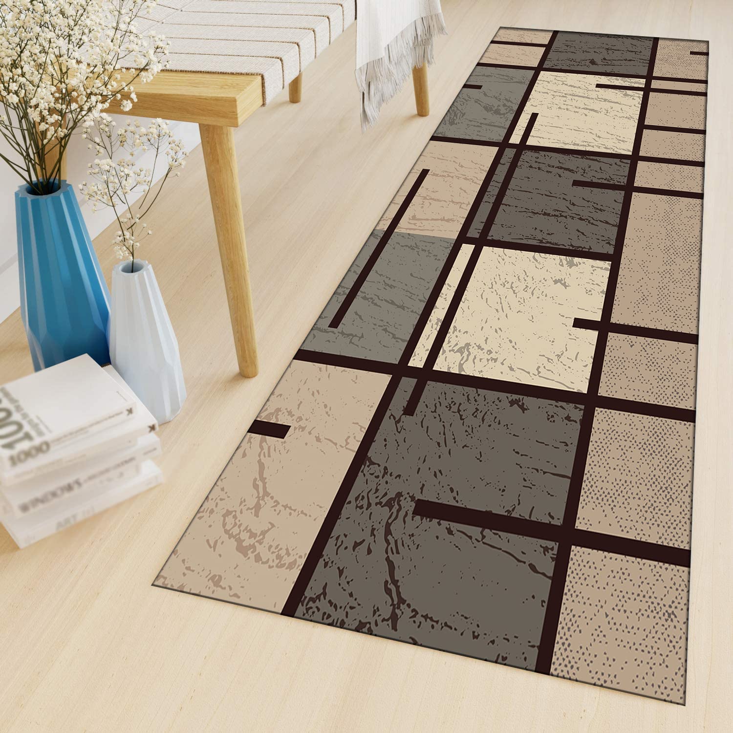 Läufer Teppich Flur rutschfest Modern Vintage Geometrisch Rechteckig Teppich für Küche und Wohnzimmer Ideal für Korridorräume