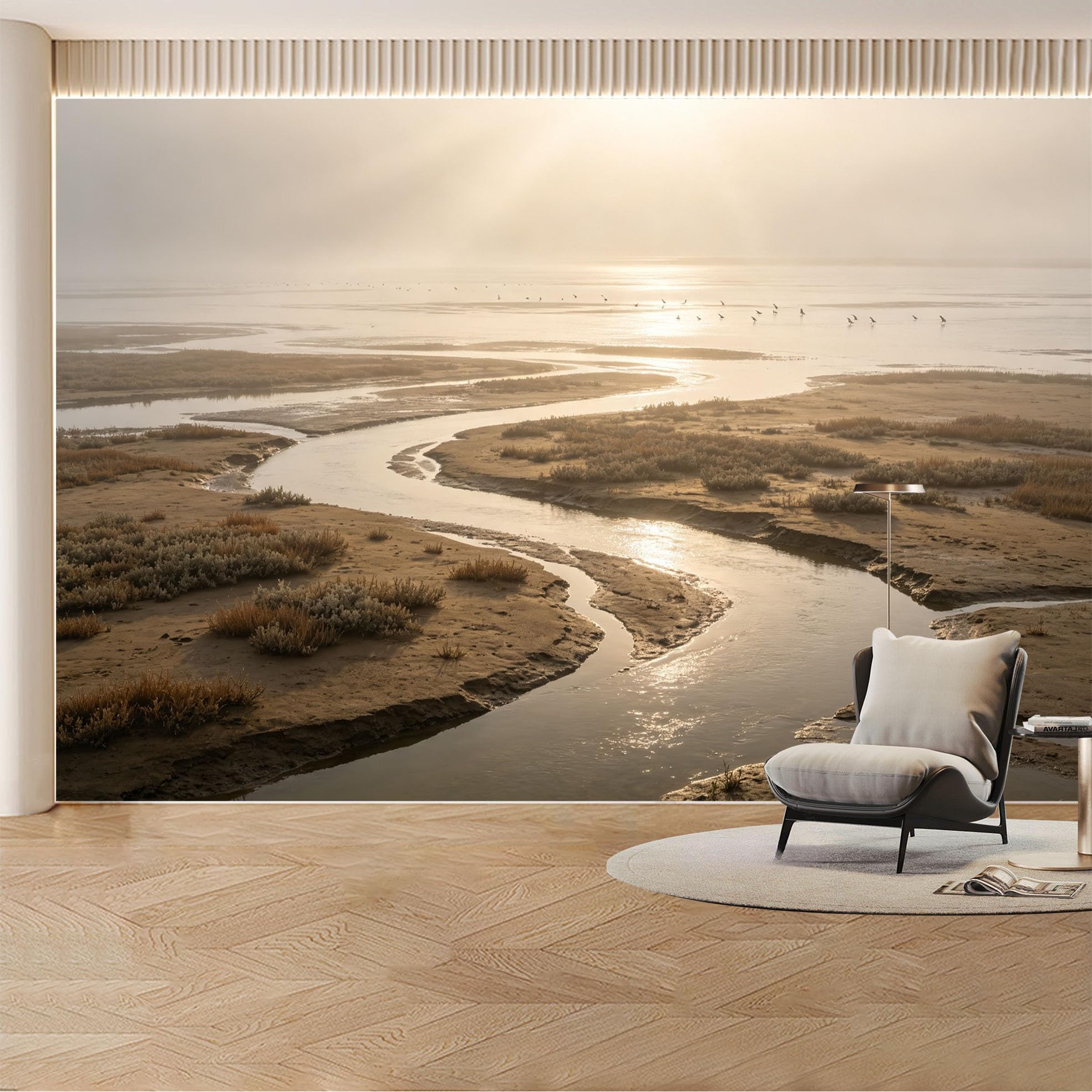 Custom Wall Mural Wallpaper Misty Estuary Landscape 3D Effect Large Wall Art Sunset Minimalist Removable SelfAdhesive Large Photo for Living Room， Bedroom， Office