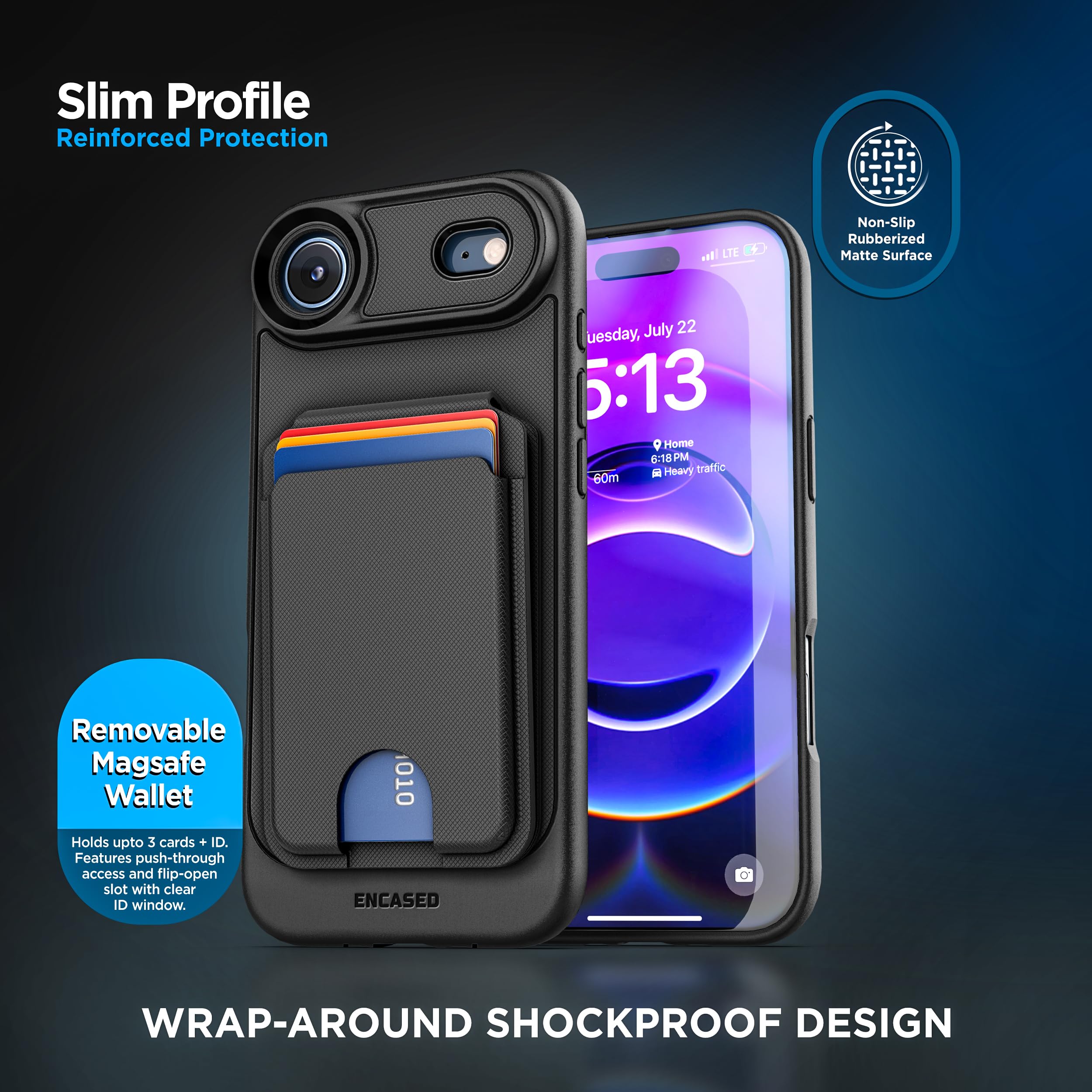 ENCASED per iPhone 17 Air Cover Portafoglio con Portacarte Magnetico Rimovibile e Supporto (Compatibile MagSafe) Nero