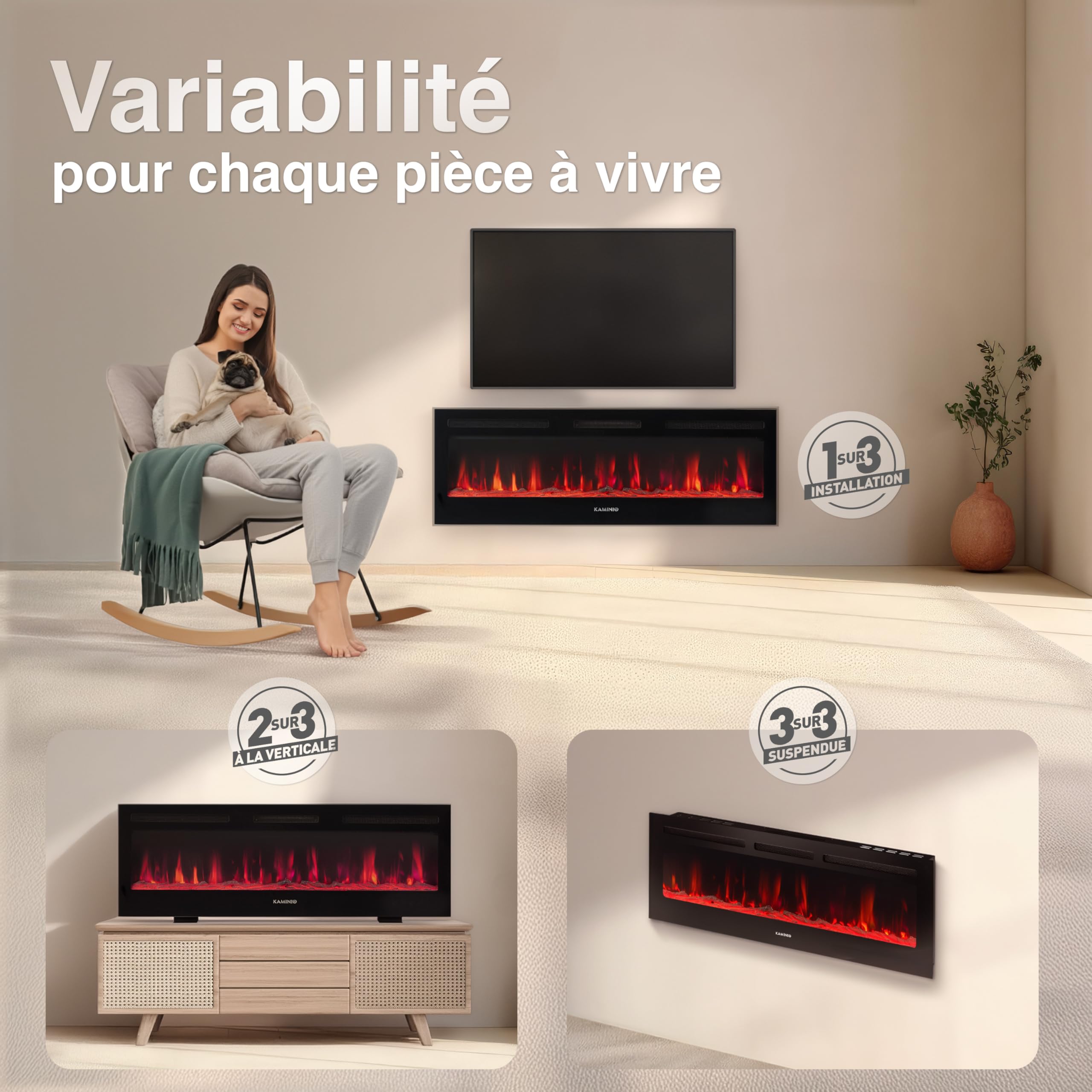KAMINIO Cheminée Electrique Marlon - Cheminée Électrique 3-en-1 avec Chauffage, Effet de Flamme 3D, 12 Couleurs de Flammes, télécommande (60 Pouces) - 2
