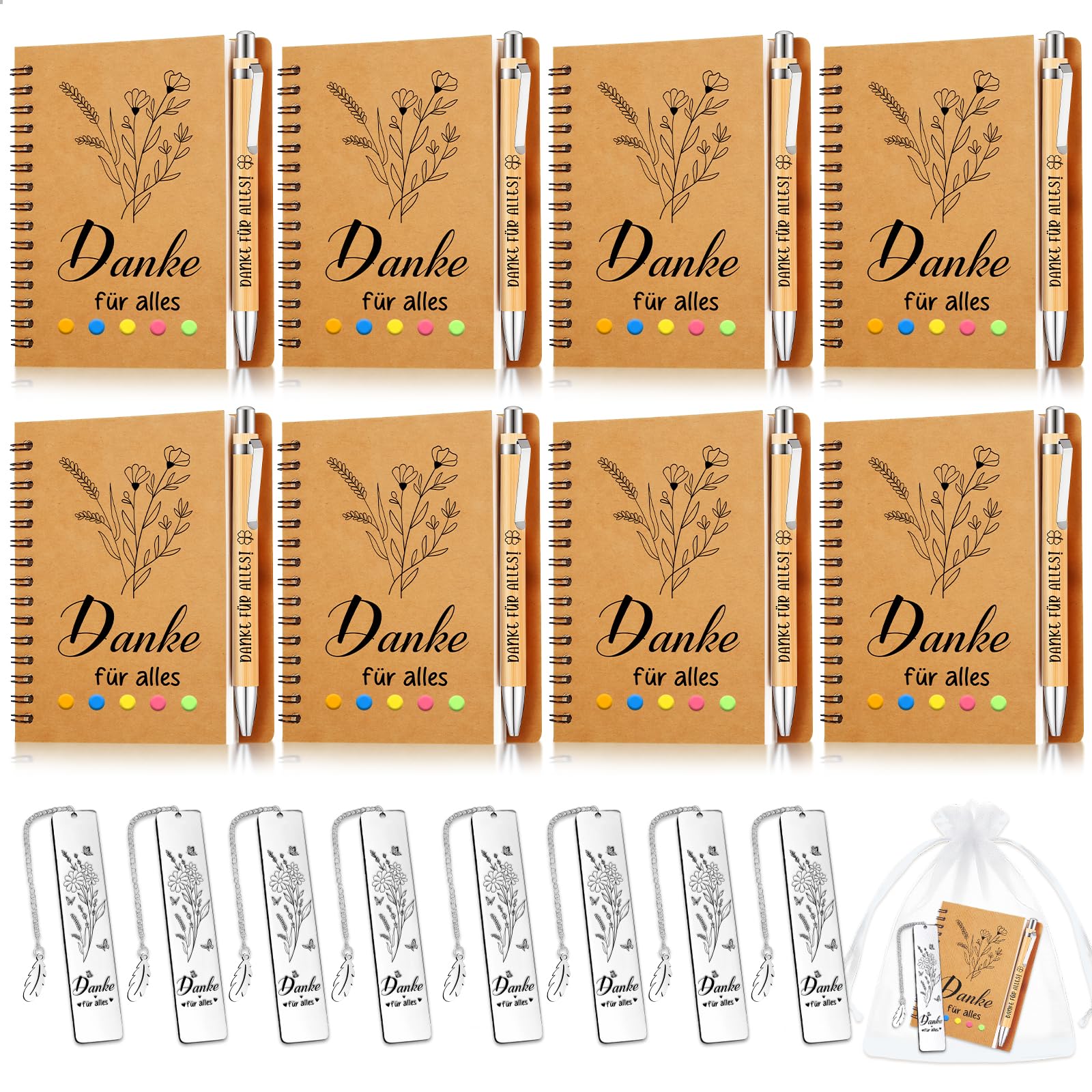 TUZELIYA Dankeschön Geschenke Klein, 8 PCS Danke Geschenk Notizbuch Set - Danke für alles - Dankeschön Geschenk für Lehrer, Arzt, Kollege, Kollegin, Frauen und Männer