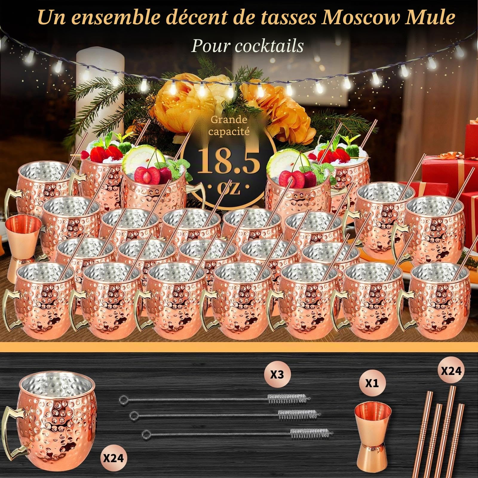SuproBarware Lot de 24 tasses Moscow Mule en cuivre martelé avec poignée - 1 doseur double de 15 ml / 30 ml - 24 pailles en acier inoxydable pour boissons froides et cocktails