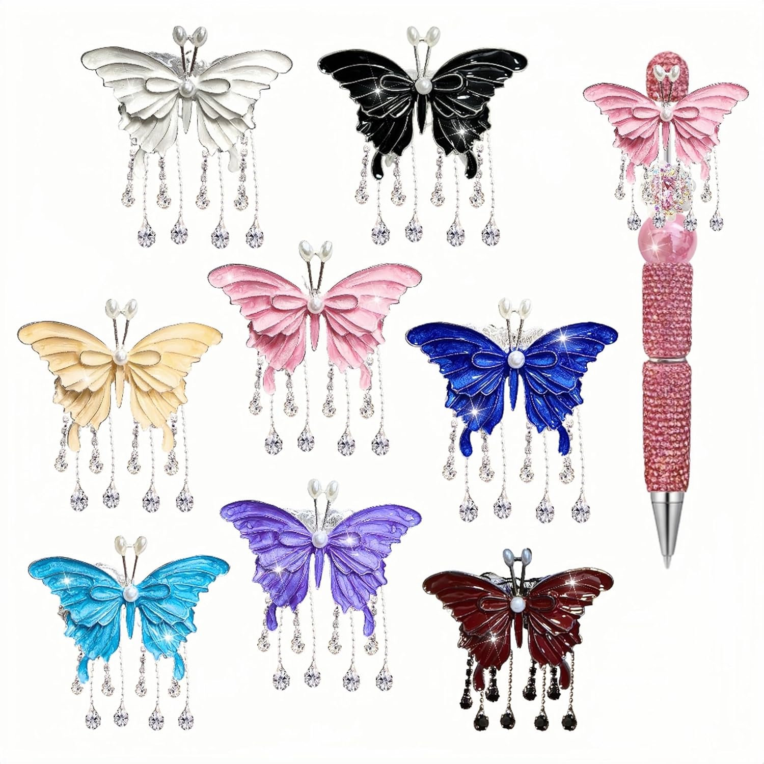 8pcs Butterfly Beads for Pens 64mm Colorful Rhinestone Beads for DIY Bracelet Necklace Earrings Keychain Making