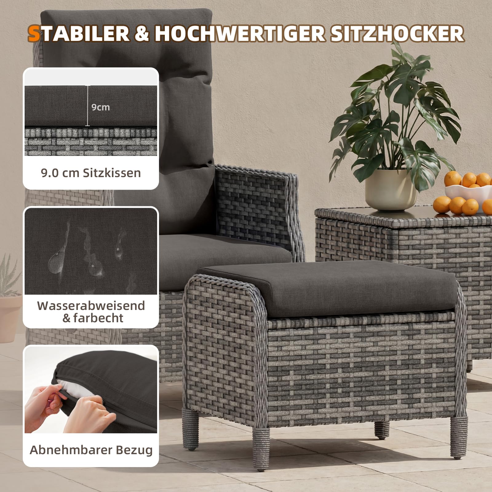 UDPATIO Rattan Gartenmöbel Set 5-teilig mit Verstellbaren Sessel, Fußhocker und Couchtisch | Lounge Möbel Outdoor Set | Balkonmöbel Kleiner Balkon | Wetterfest Terrassenmöbel | Schwarz