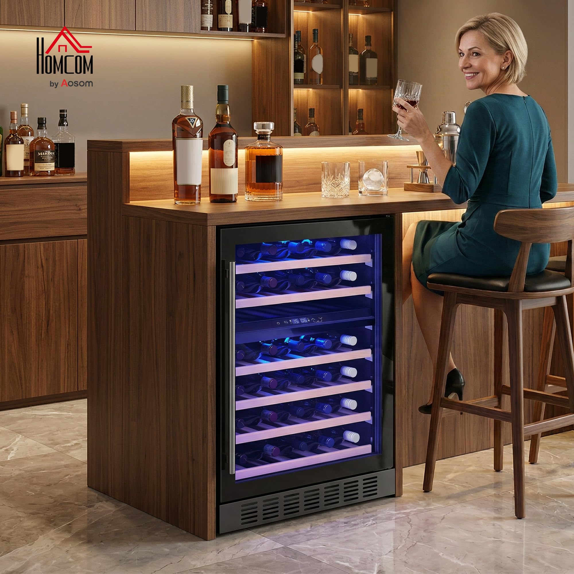 HOMCOM Cantinetta Vino Doppia Temperatura 46 Bottiglie 131L Cantina Vino Frigo Bar Refrigerata Sottopiano Silenziosa 5-18℃, Triplo Vetro Anti UV, Ripiani Regolabili Legno, Display Touch, LED, Classe F