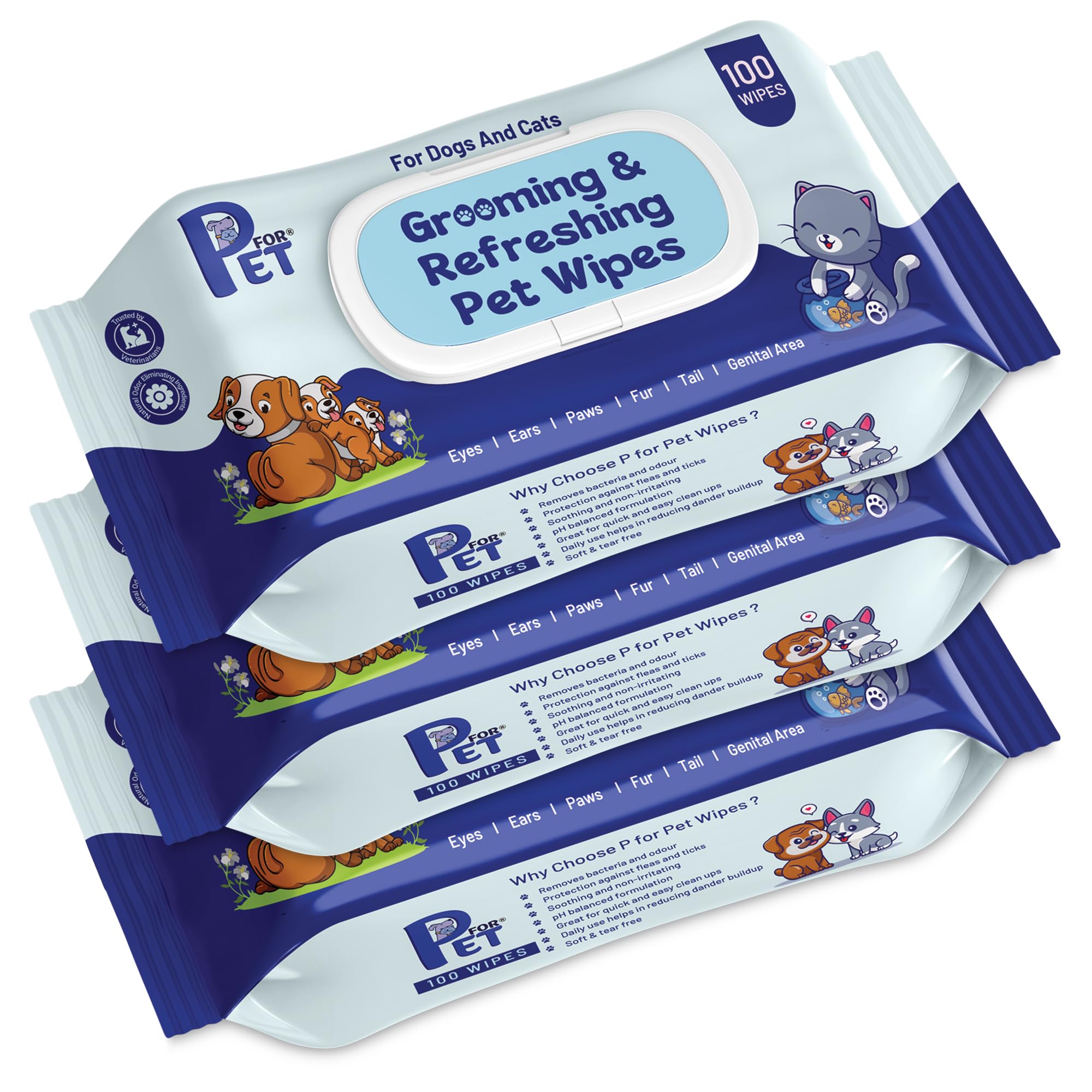 P for PET Grooming Wet Wipes 300 Count(Pack of 3) for Dogs, Cats & All Pets | Purified Water, Glycerin |Anti-Bacterial|Cleansing, Deodorising Wipes
