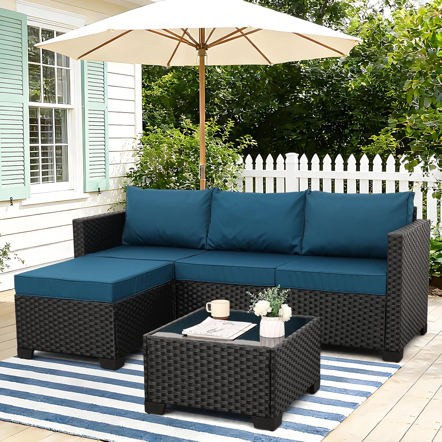 Oasishine 3 Pieces Patio Furniture Set Outdoor Sectional Wicker Patio Furniture Patio Couch with Ottoman and Outdoor Glass Table Weathering Anti-Slip Cushions Waterproof Covers, Peacock Blue