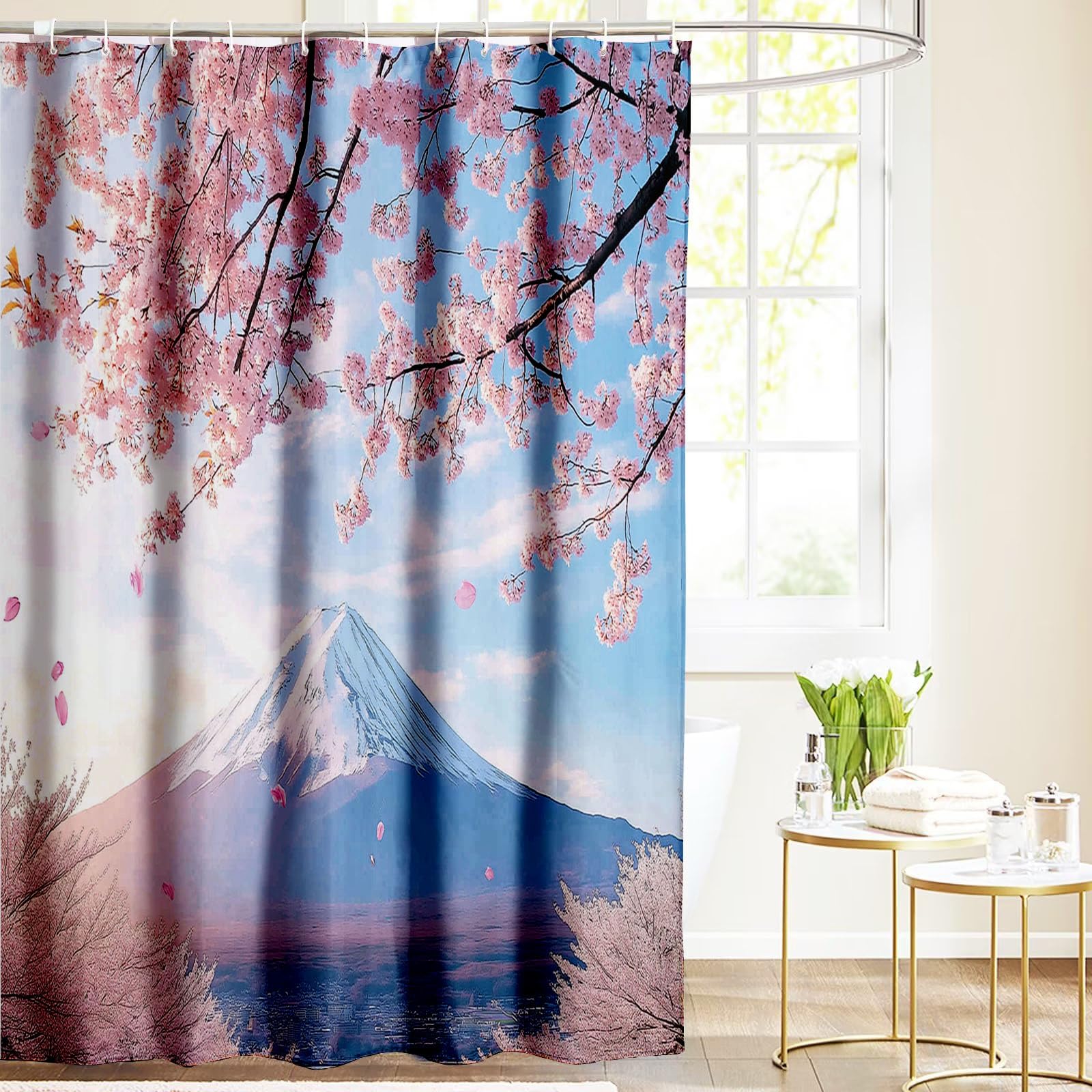 Rideau de Douche 240x200cm,Montagne Enneigée Rideau de Salle de Bain, Nature Fleurs De Cerisier Rideau de Douche,Imperméable,de Salle de Bain avec 12 Crochets