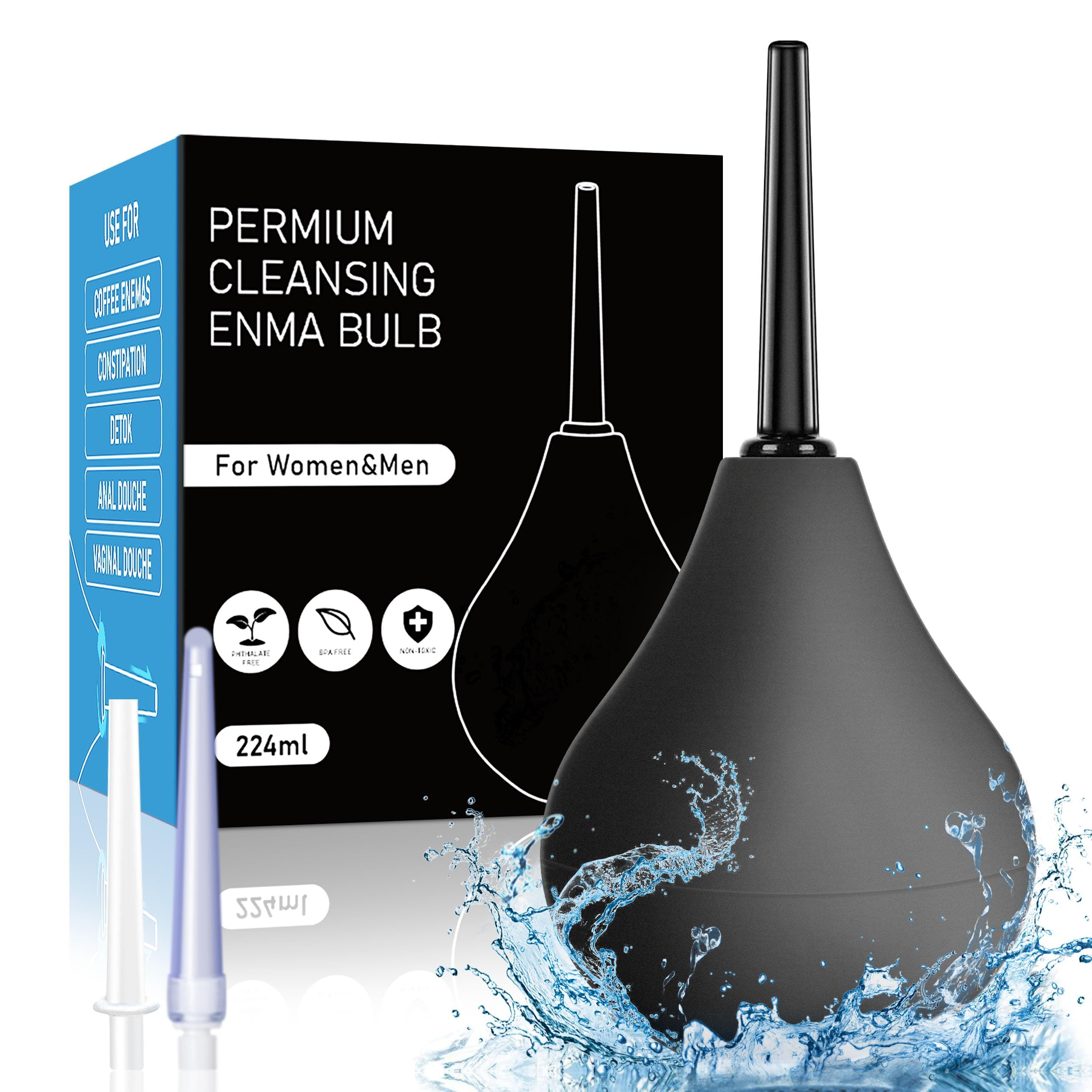 Douches for Men Anal Douche Kit - Enema Bulb for Fecal Impaction,Enema Douche with 3 Nozzle,Reusable Anal Cleaner Enema Bulb for Colon Cleansing,Constipation,Enima Cleanse for Men Women,224ml(Black