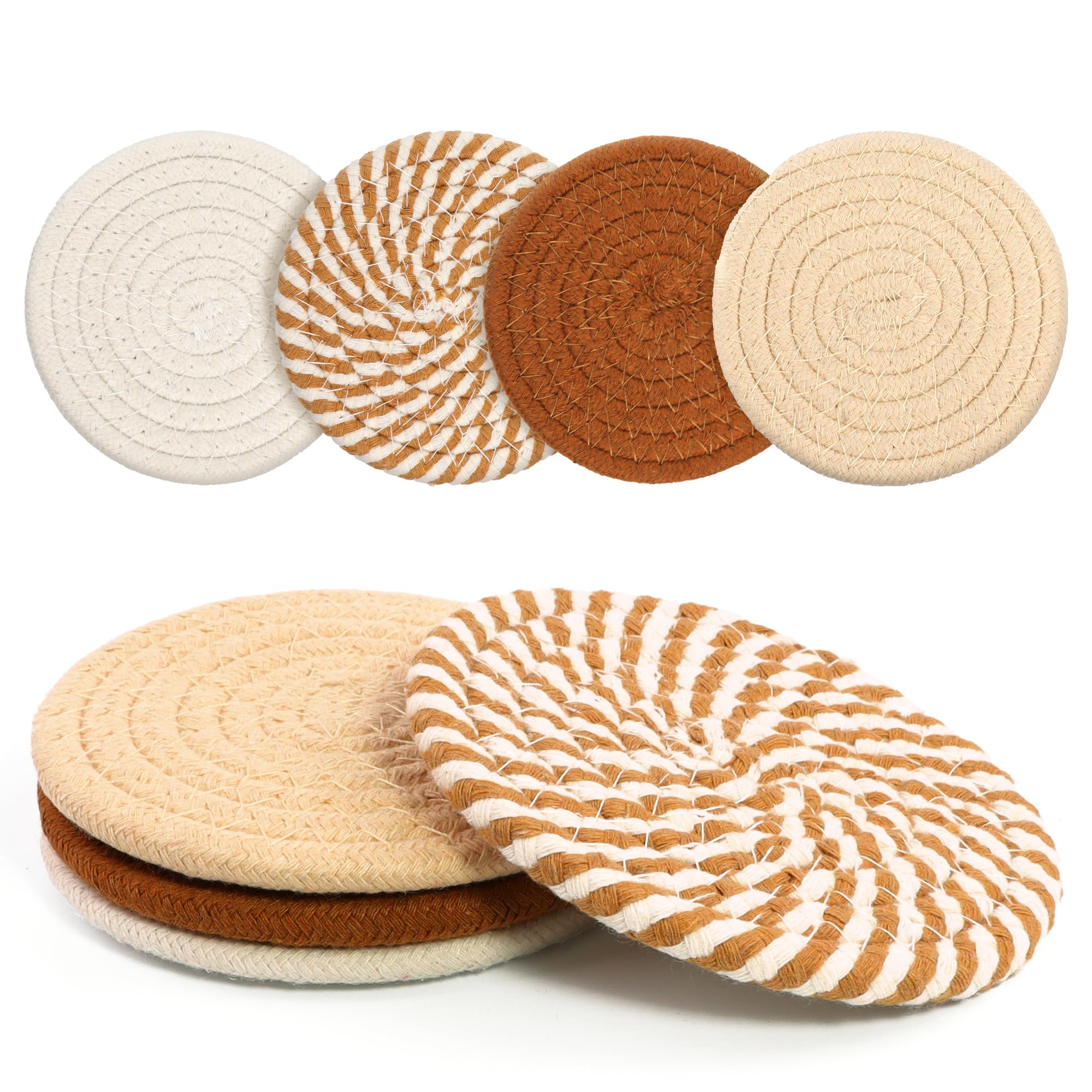 Coasters Set of 4 for Drinks, Cotton Woven 4 Colors Absorbent Boho Coasters for Home Decor Cups - Hot or Cold Drink Thickened (Khaki Mixed White)