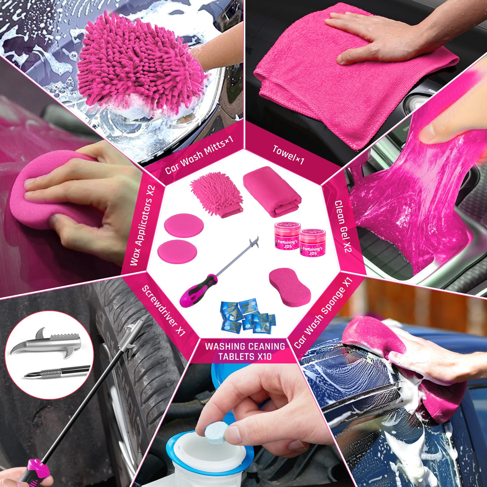 Kit di Pulizia per Interni dell'auto, 38 Pezzi, con aspirapolvere Portatile ad Alta Potenza, Kit di Lavaggio Auto con Set di pennelli per Dettagli, Kit di Dettagli Interni Auto, Accessori Rosa per