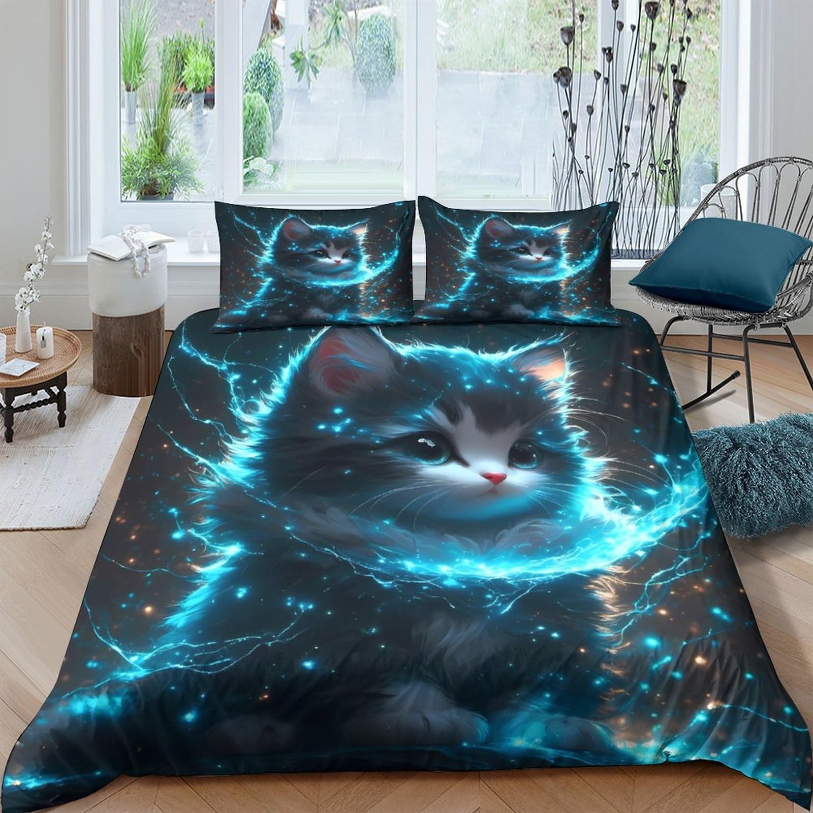 Ctjqhvkz Style-7 3D Printed Fantasy Cat Fitted Sheet Microfiber Soft Blue Nebula Mattress Cover For Bedroom Dorm Mattress Protection Decor Single（135X200cm）