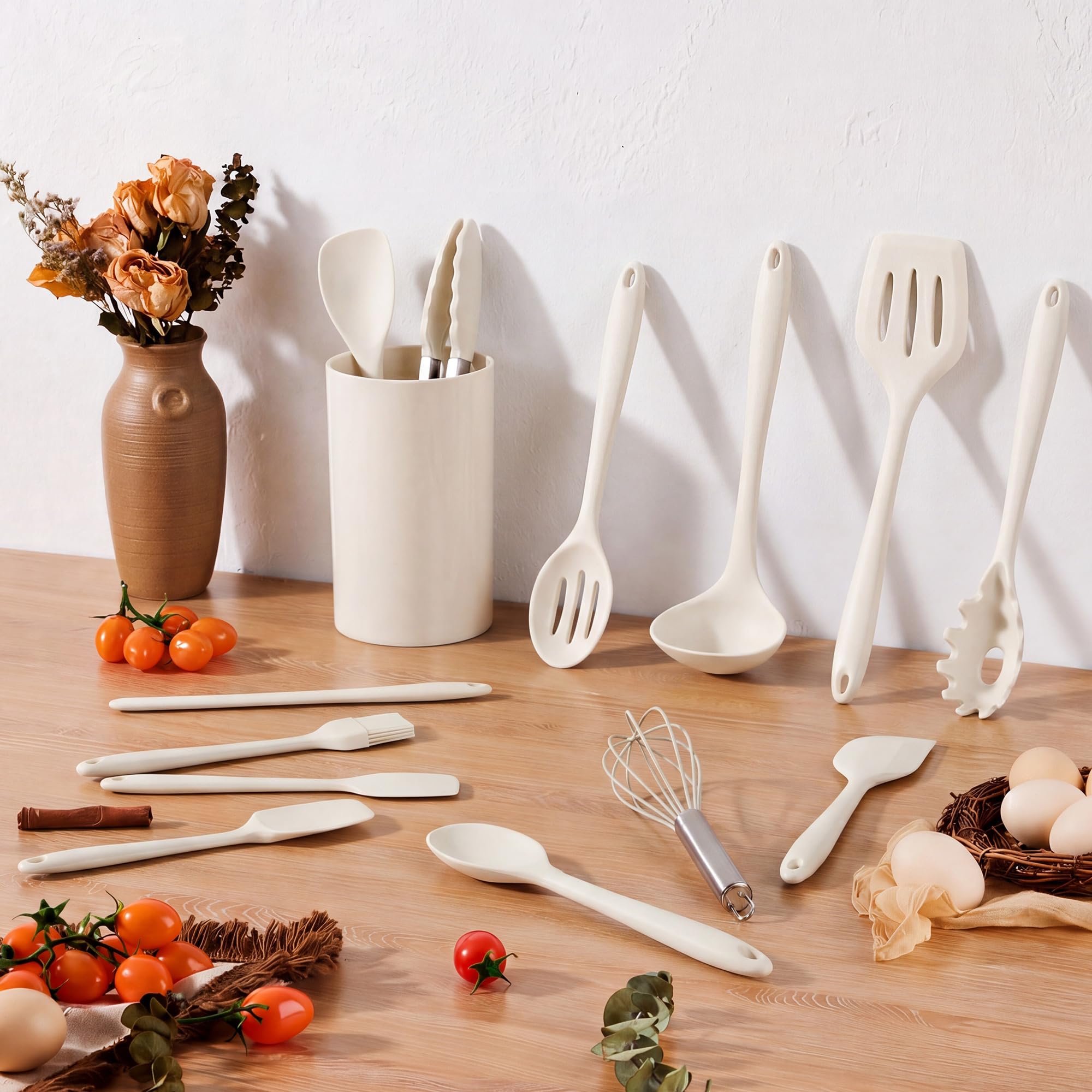 LIANYU Juego de 14 utensilios de cocina con soporte, juego de espátulas de silicona para cocina, resistentes al calor, incluye cuchara volteadora, batidor, pinza para batir, apto para lavavajillas,