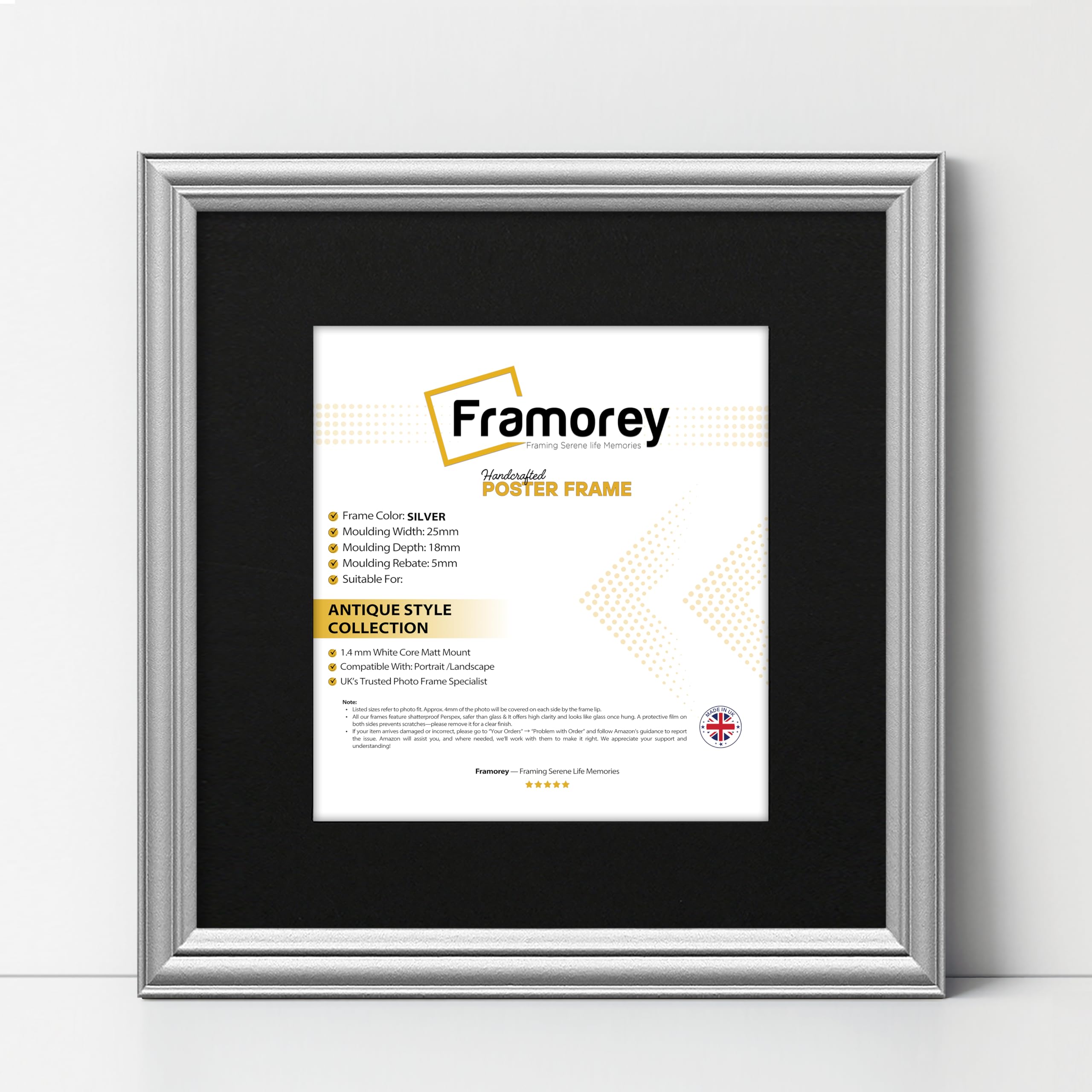 FRAMOREY Square Photo Frames, 40x40CM Size Silver Picture Frame With 30x30CM Size Black Mount, LW Antique Style Home Wall Decor Frames, Wall Hanging Art Poster Frames, MDF Wood Frames