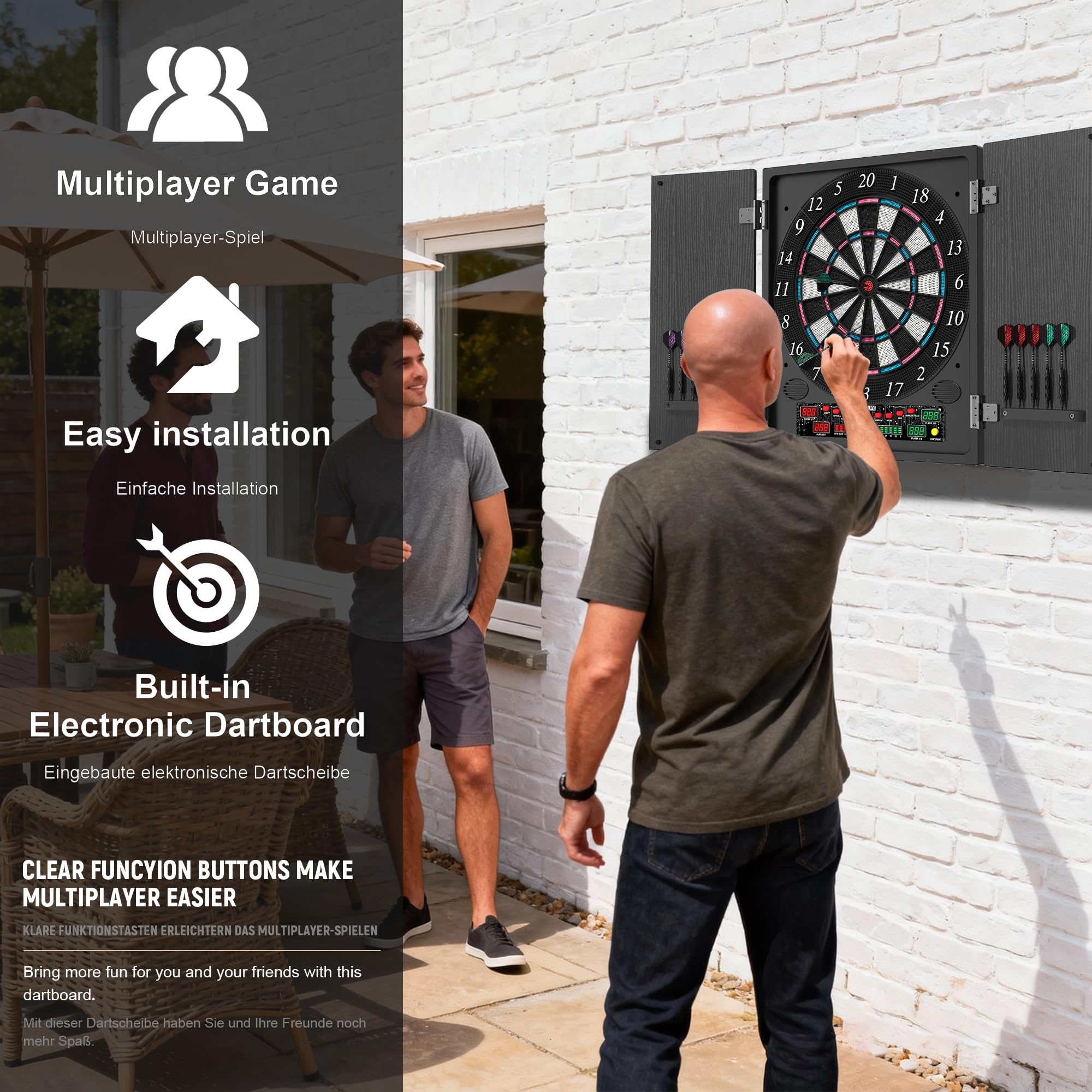 CyeeLife Bersaglio elettronico per freccette con armadio in legno, bersaglio elettronico con 34 giochi e 355 varianti, modalità 8 giocatori, display LED, voce tedesca