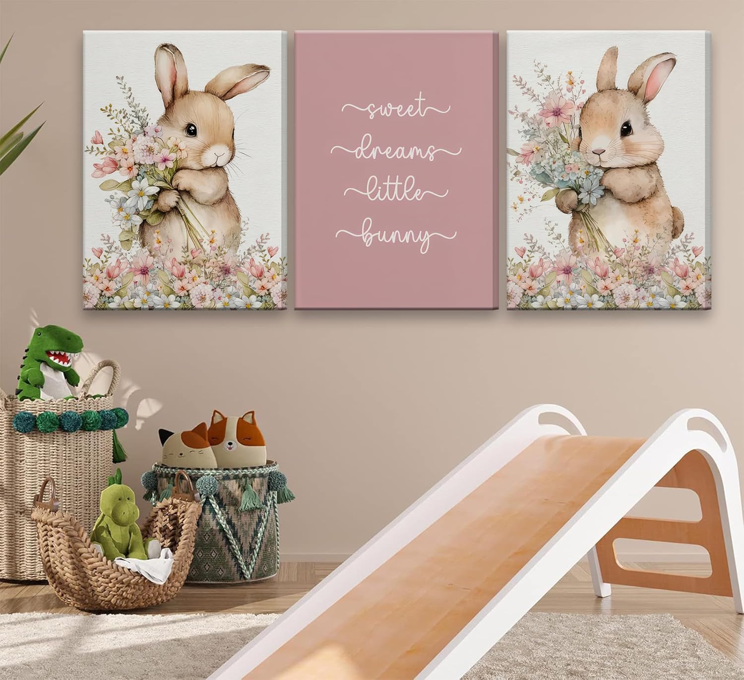 3Pcs Framed Cute bunny Canvas Wall Art Colorful wildflowers Posters Prints Bunny Nursery Wall Decor Pictures Pink Baby Inspirational Animal Paintings for Baby Girl Room Bedroom Hone Decoration