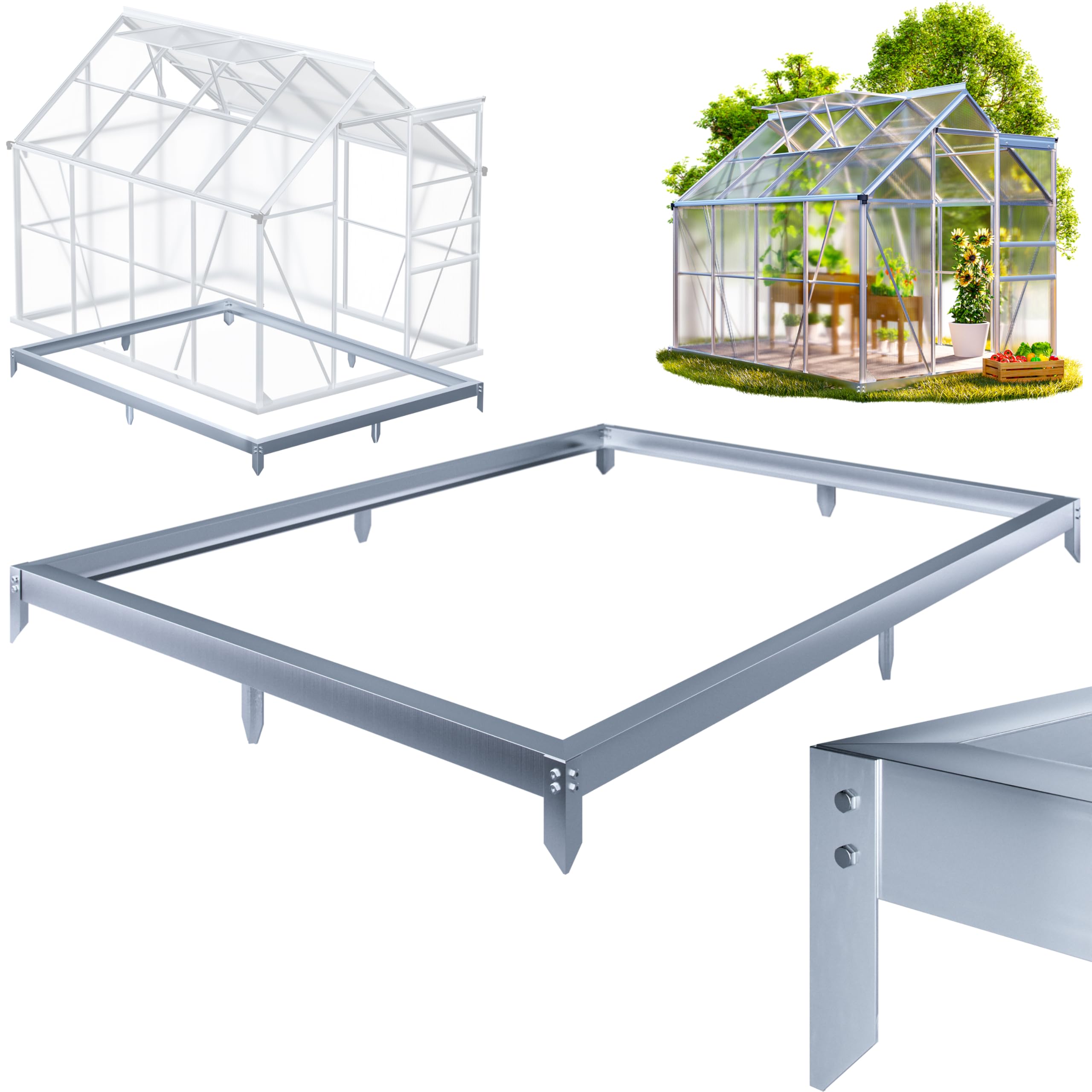 Gardebruk® Fondation Serre de Jardin 250x190cm Acier Inoxydable Cadre Acier matériel Montage Fixation Sol embase Serre Aluminium Polycarbonate