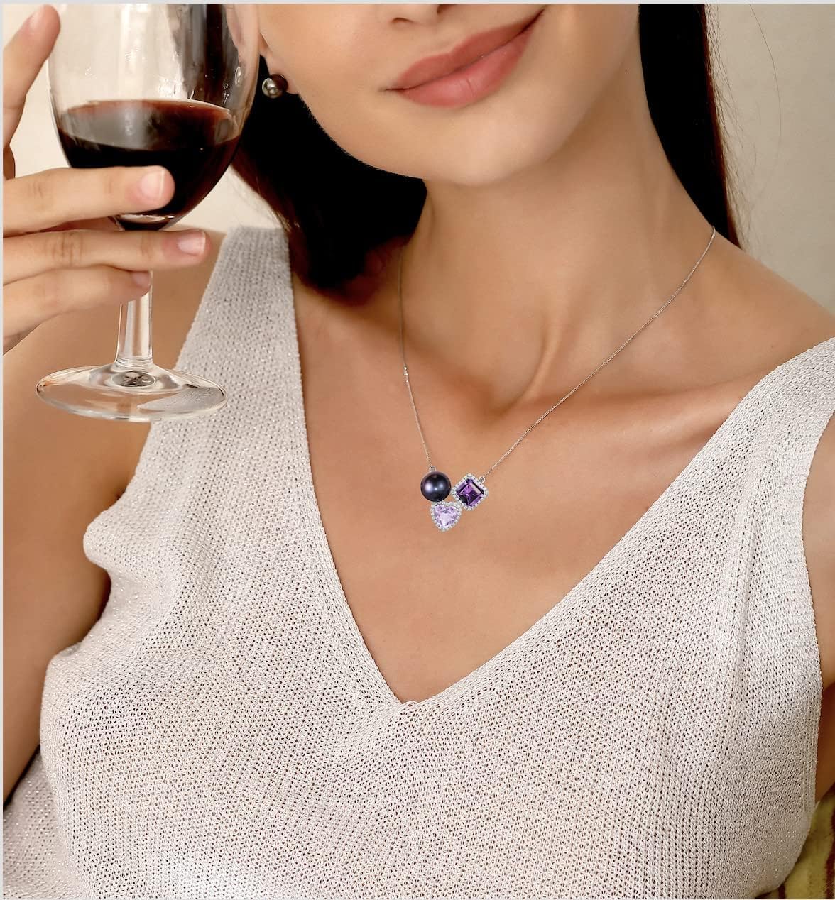 CHAULRI Top Grade Tahitian Black Pearl & Amethyst Heart Necklace - 18K Gold over Sterling - Adjustable 19" - Feb/June Birthstone, Ombre Effect (Romantic Purple)