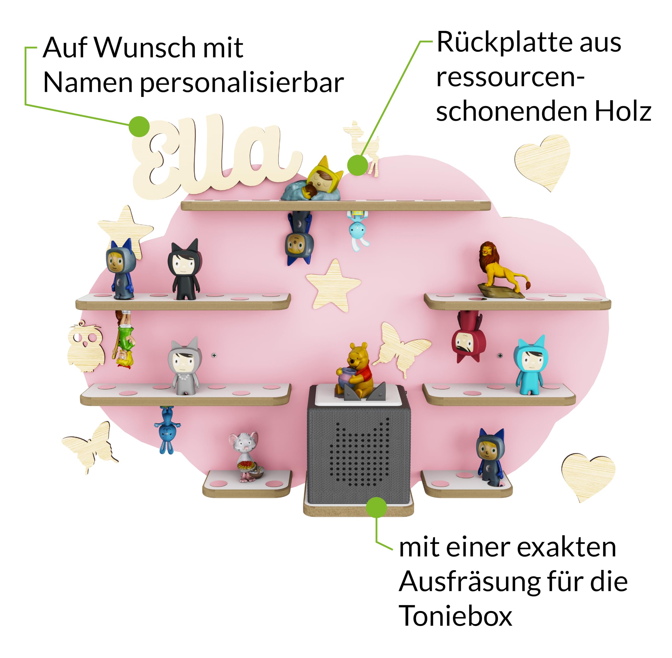 Holzura Kinderregal zur Tonie Aufbewahrung, Wandregal für Toniebox, Regale für Tonibox und Figur, Kinderzimmer Wandregale für Musikbox und Tonie figuren, Wolke (Flamingopink)