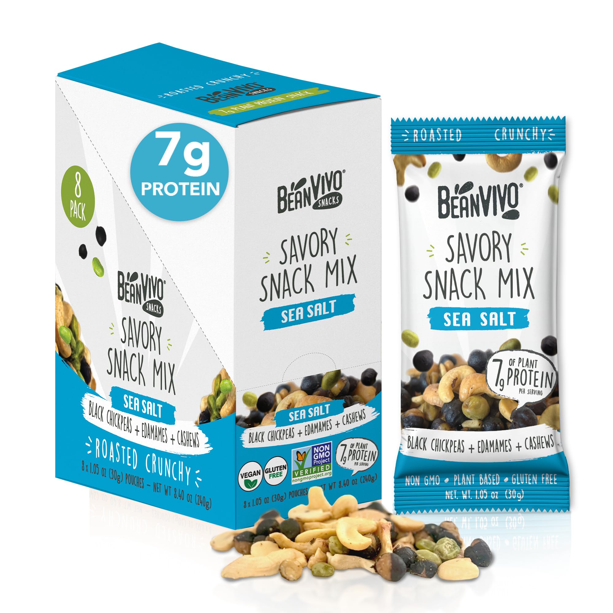 BeanVIVO Healthy Snacks for Adults & Kids with 7g Protein & 5g Fiber per Serving with Dried Edamame, Roasted Cashew and Black Chickpeas - Vegan & Gluten Free - Keto Friendly & Non-GMO - 8Pack (1.05 oz Each Pouch)