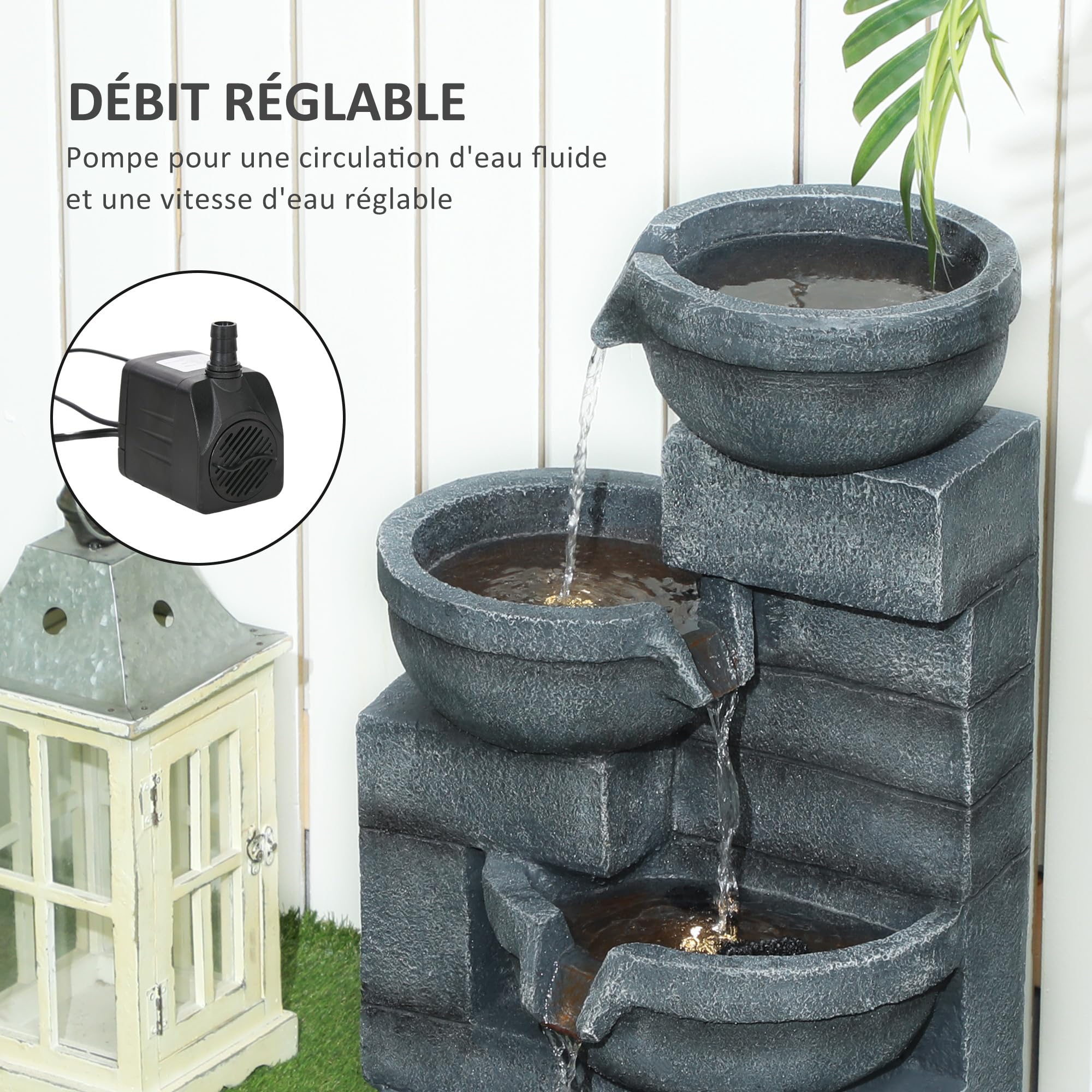 Outsunny Fontaine extérieure de Jardin, Fontaine en Cascade avec éclairage LED, décoration Jardin extérieure en résine à 4 Niveaux, Pompe Inclus, 38 x 35 x 78,5 cm, Gris
