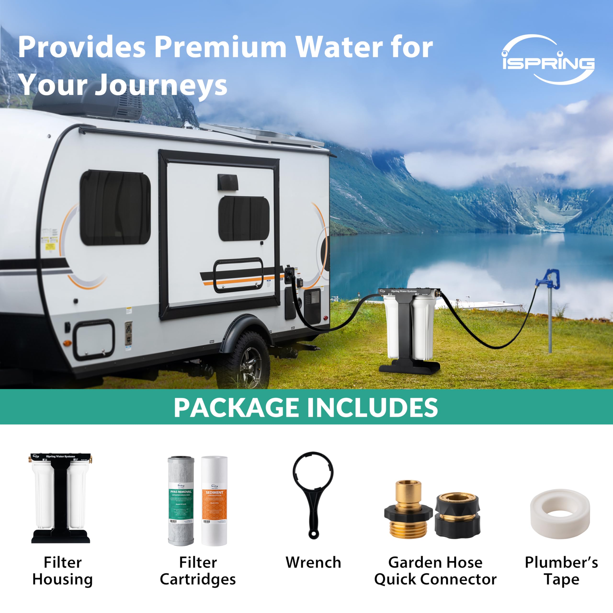 iSpring CW21-PF Sistema di filtraggio dell'acqua RV a 2 stadi, rimozione PFAS testato SGS, design senza serbatoio ad alta capacità, connettori in ottone senza piombo da 3/4" resistenti per camper