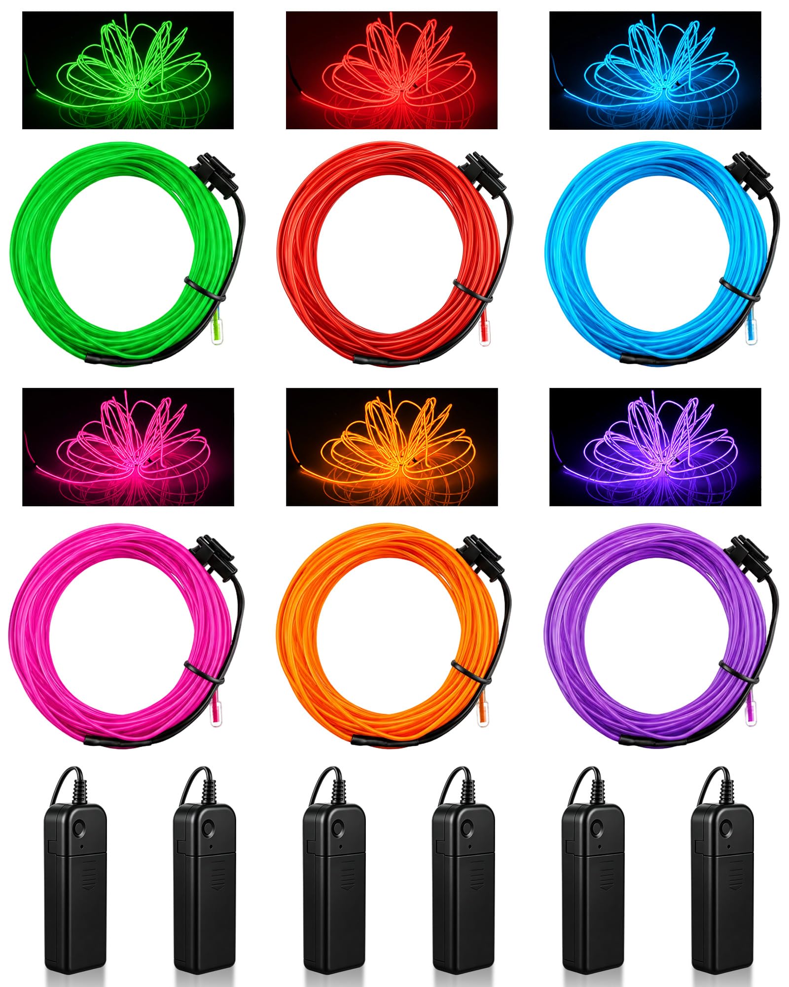 Konohan 6 Pack 3.28 ft El Wire Lights, Wearable LED Lights for Costume DIY
