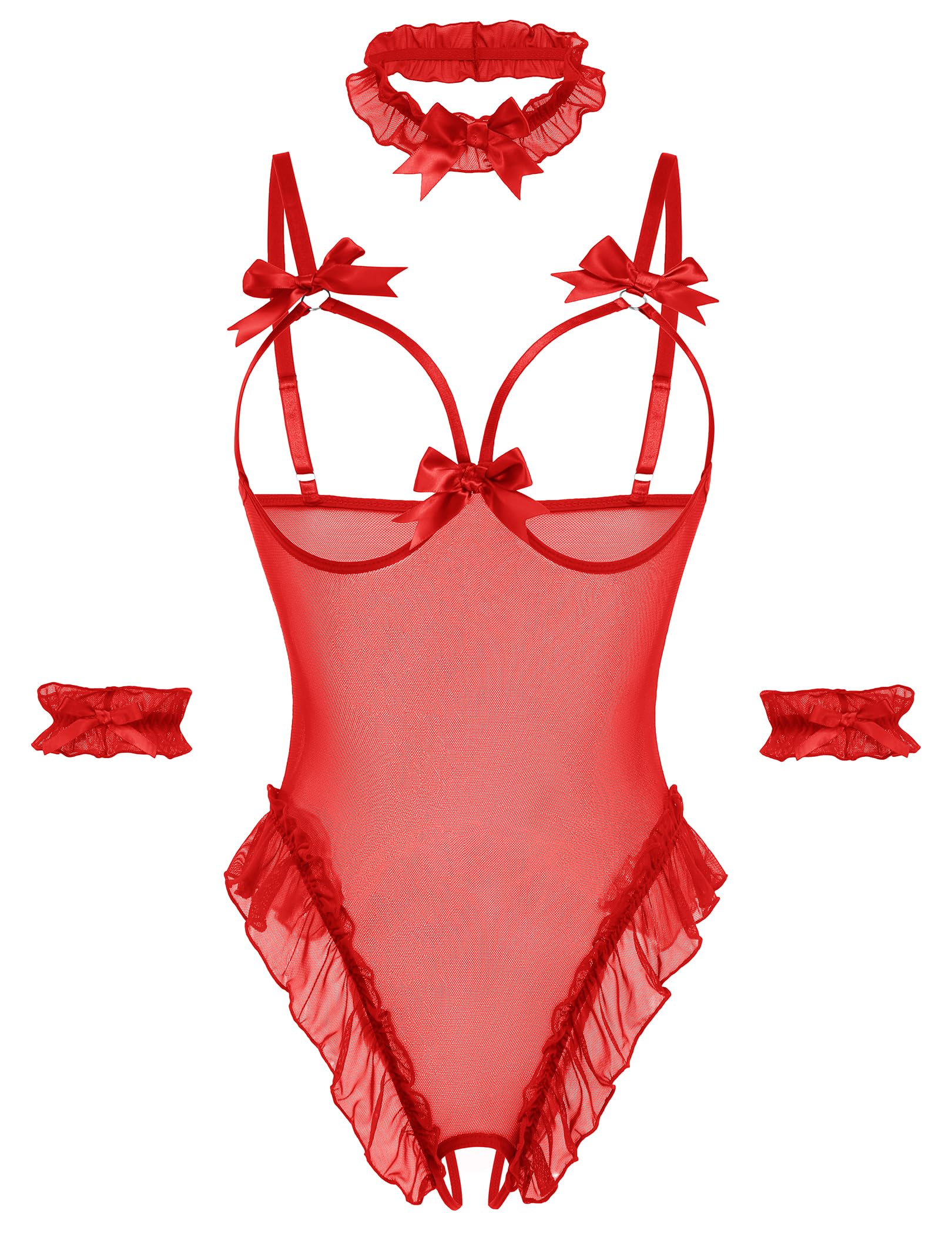 Avidlove Womens Lingerie Bodysuit 4 Piece Set Sheer Mesh Teddy Babydoll with Detachable Collar and Wrist Cuffs: Small Red