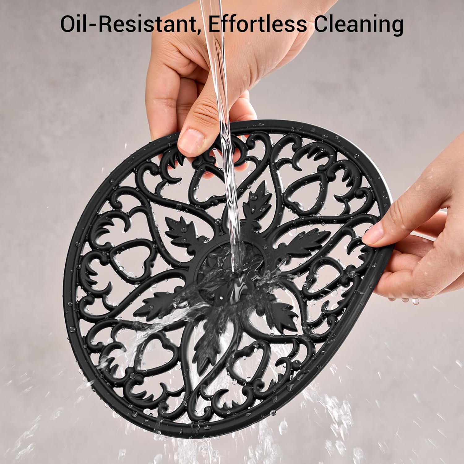 SMARTAKE 6 Set Silicone Trivet Mats, Multi-Use Intricately Carved Coasters, Insulated Non-Slip Durable Kitchen Mats, Flexible Modern Kitchen Table Mat, for Hot Dishes, Pots, Countertop (Black)
